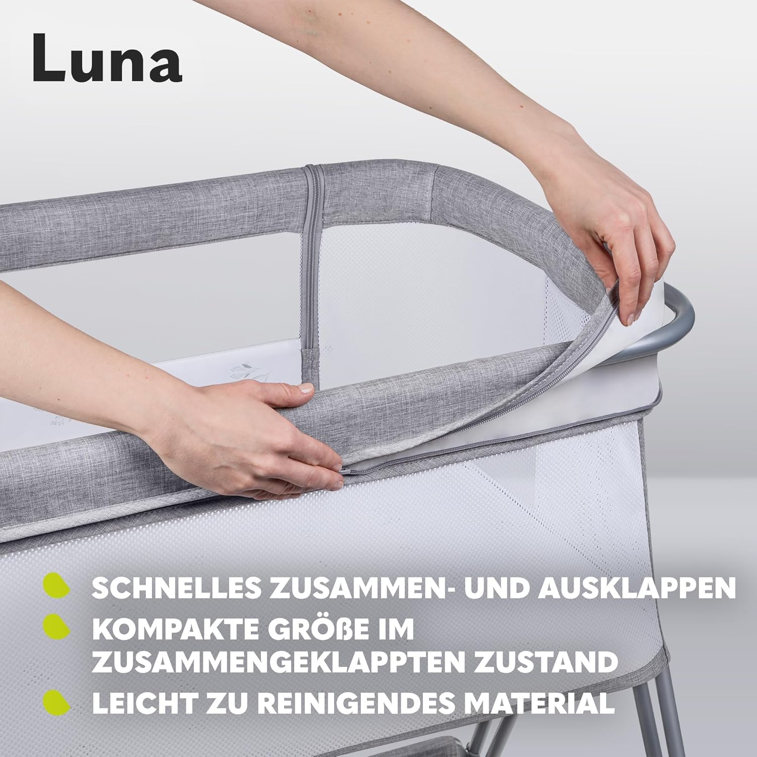 Lionelo Luna EIN tragbares Beistellbett mit Einer Matratze, reisebett, von Neugeboren bis 9 kg, in der Höhe und der Neigung verstellbar, 4 Rädern mit Bremse, Befestigung zum Elternbett (Beige)