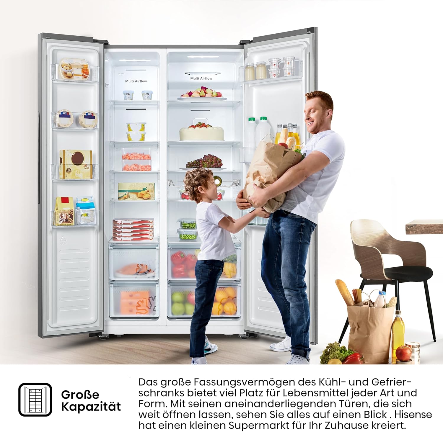 Hisense RS677N4BFD Frigorifero Americano Side by Side / Compressore Inverter / Porta Bottiglie / 2 FreshZone / Vano Verdure / Capacità Frigo 334 L / Capacità Congelatore 185 L / 41 dB / 247 kWh all'anno, Nero