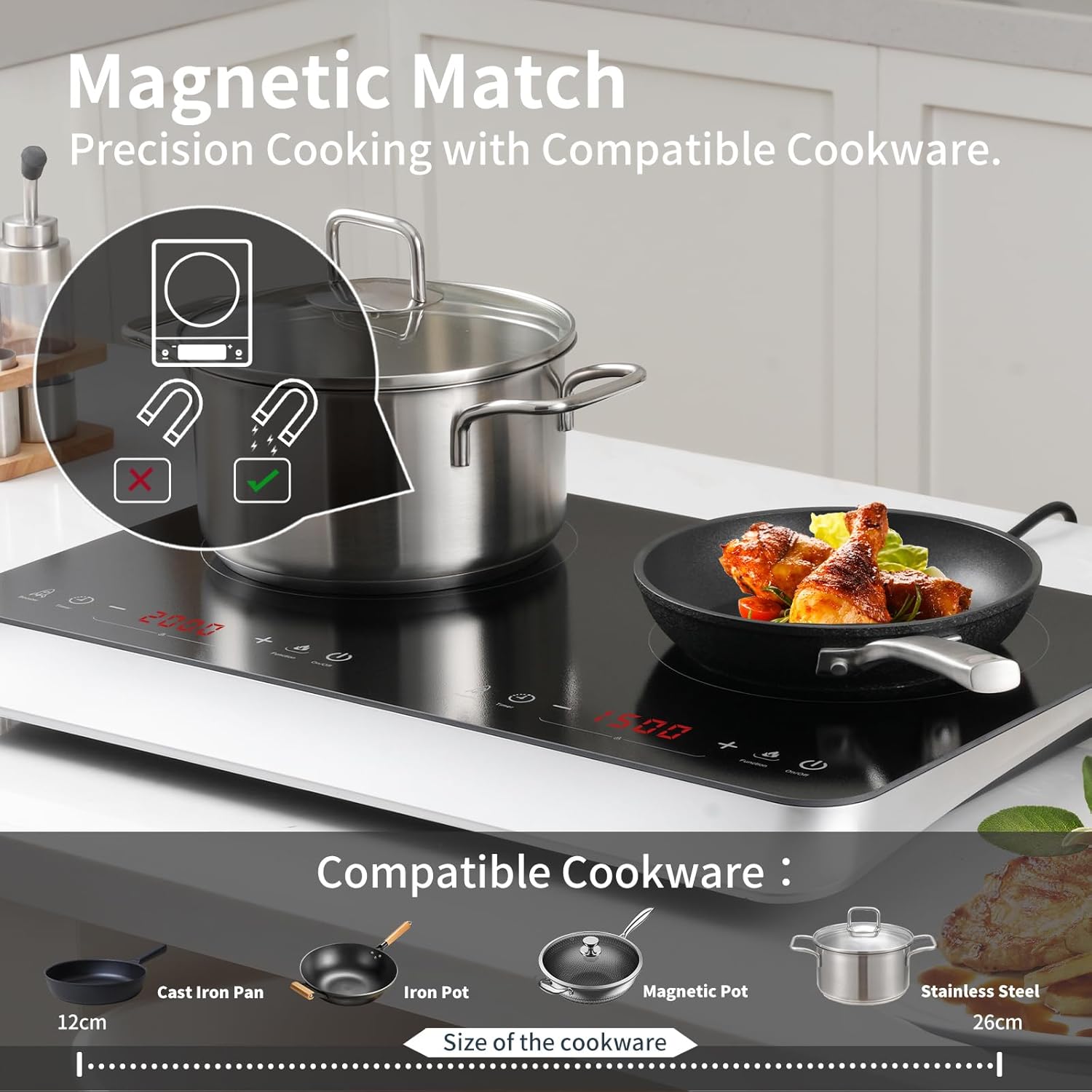 COOKTRON piano cottura a induzione a 2 fuochi, doppio piano cottura a induzione 3500W, 10 livelli di temperatura, 9 livelli di potenza, funzione Booster, timer di 4 ore, controllo touch, Nero