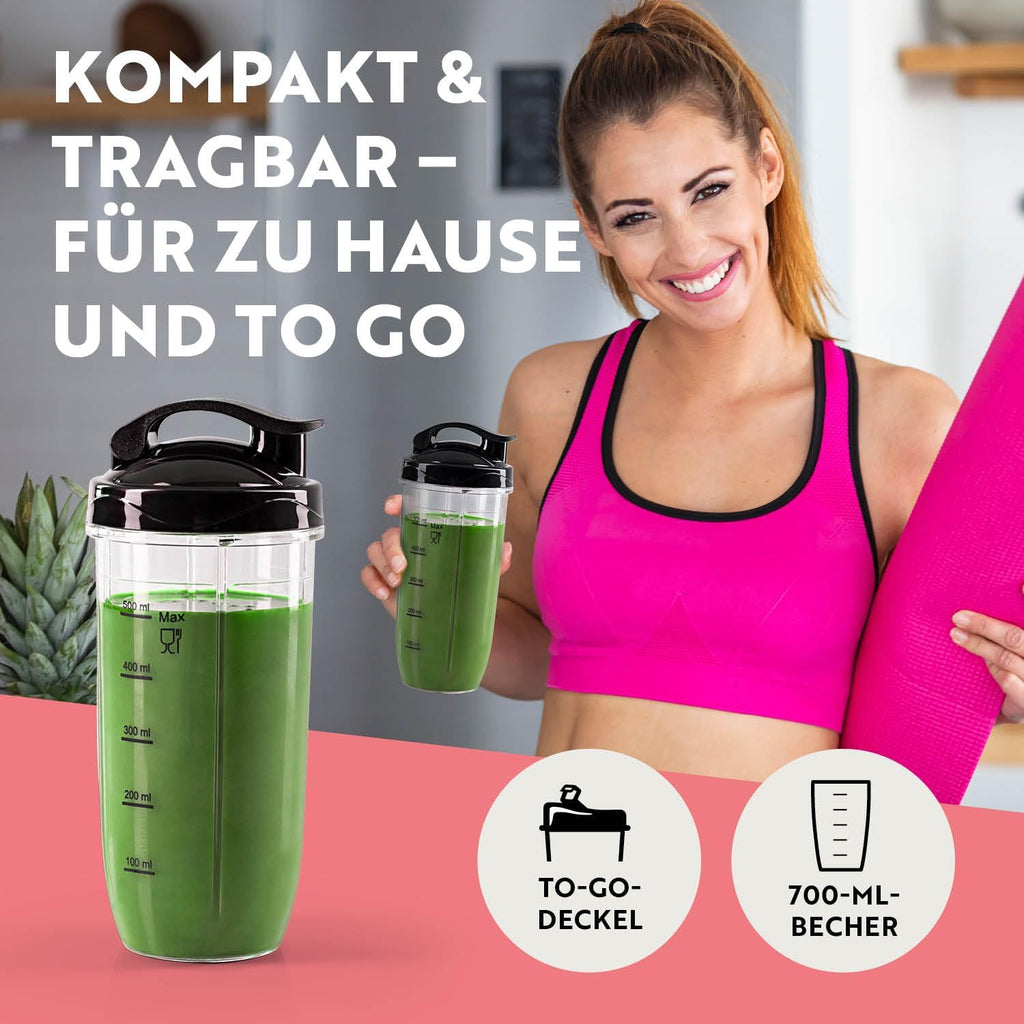 GOURMETmaxx Frullatore per Smoothie e Frullatore a Immersione Set da 18 pezzi - 400W | Frullatore Elettrico da 750ml, Mixer con 4 Bicchiere To-Go, 2 Lame, Spremiagrumi, Piedistallo e Coperchio | Lavabile in Lavastoviglie, a Prova di Perdite e Senza BPA