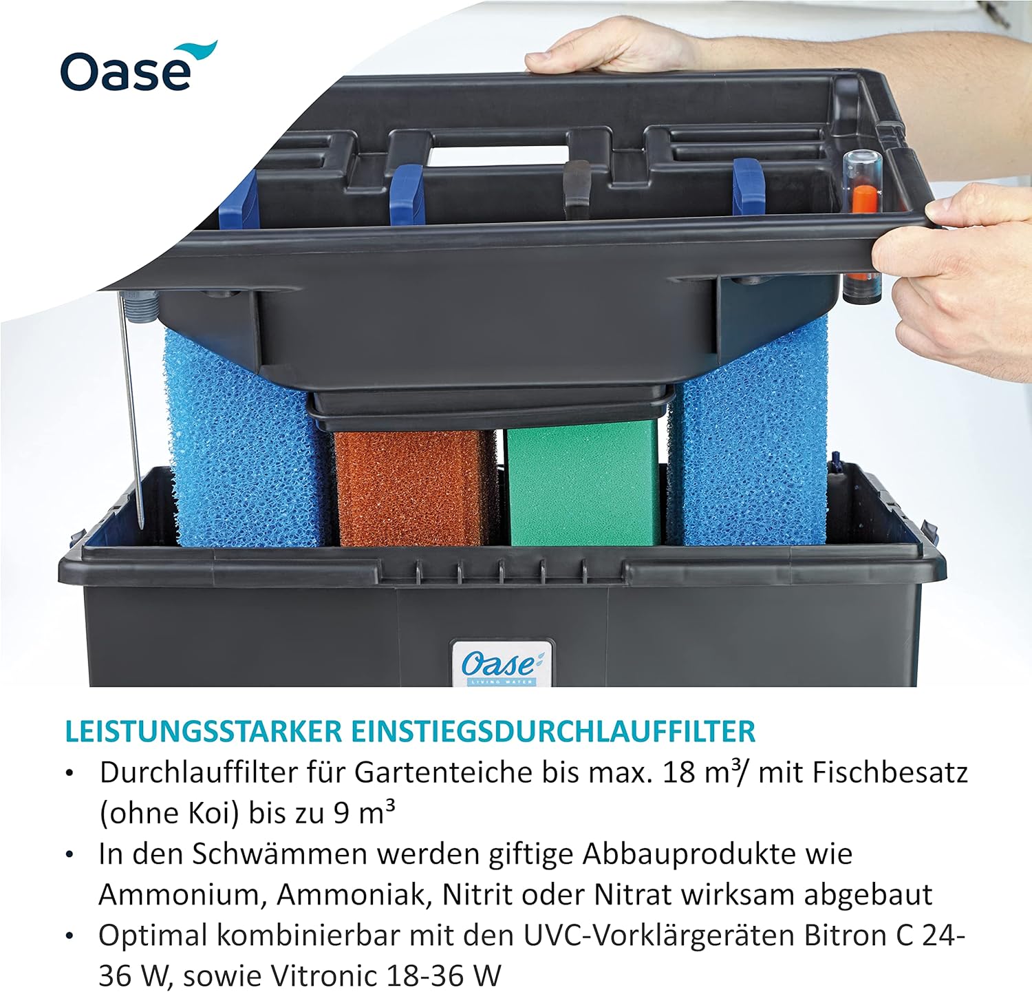 OASE 57377 Filtro a flusso continuo BioSmart UVC 16000 adatto per laghetti fino a 16 m³, sistema di filtraggio, set di filtraggio incl. materiale filtrante e chiarificatore UVC, nero