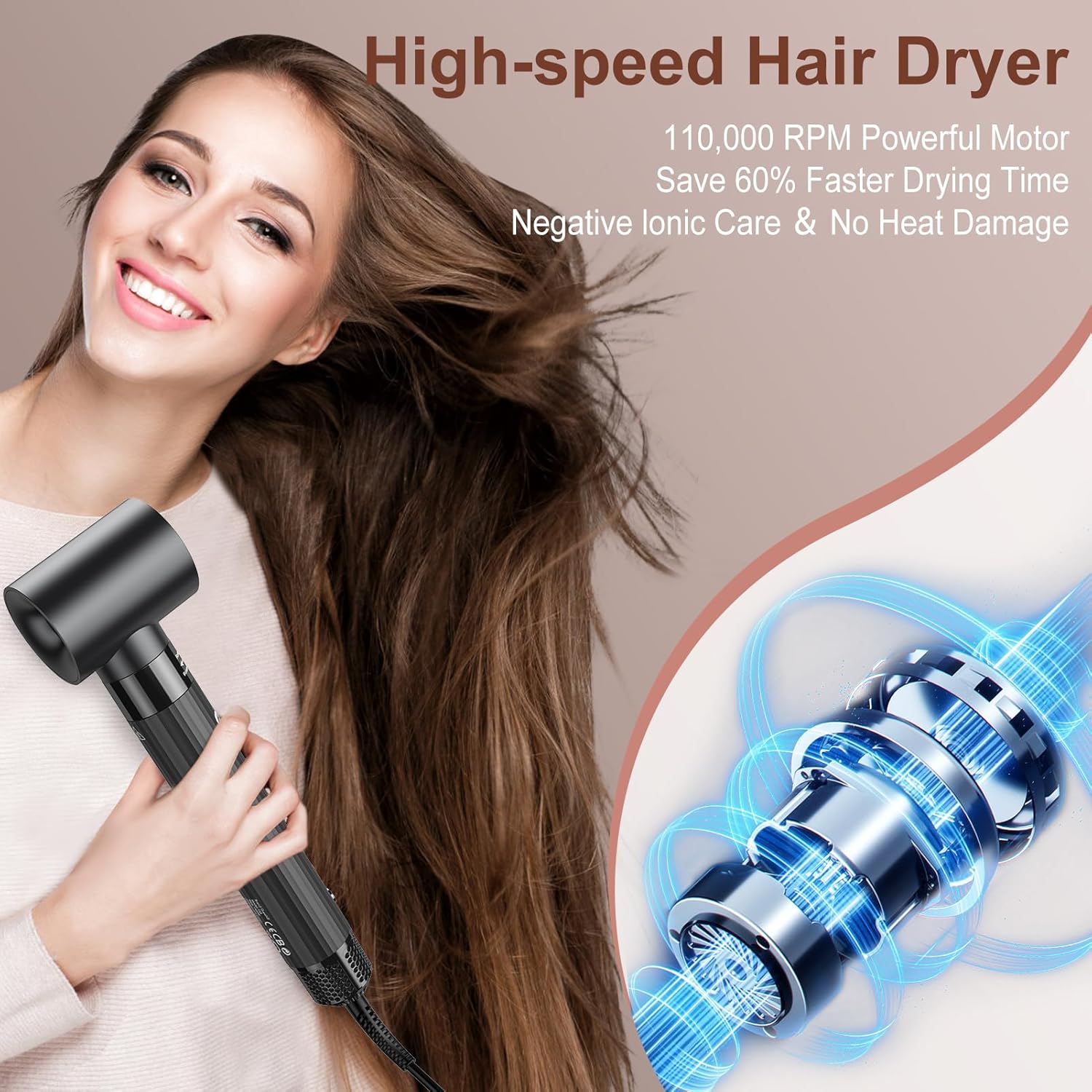 Slopehill Airstyler 5 IN 1, Asciugacapelli Ionico ad Alta Velocità da 110.000 Giri/min per Asciugatura Rapida, Multi-Haarstyler con Arricciacapelli Automatico ad Aria, Spazzola Lisciante e Spazzola Volumizzante (Nero)