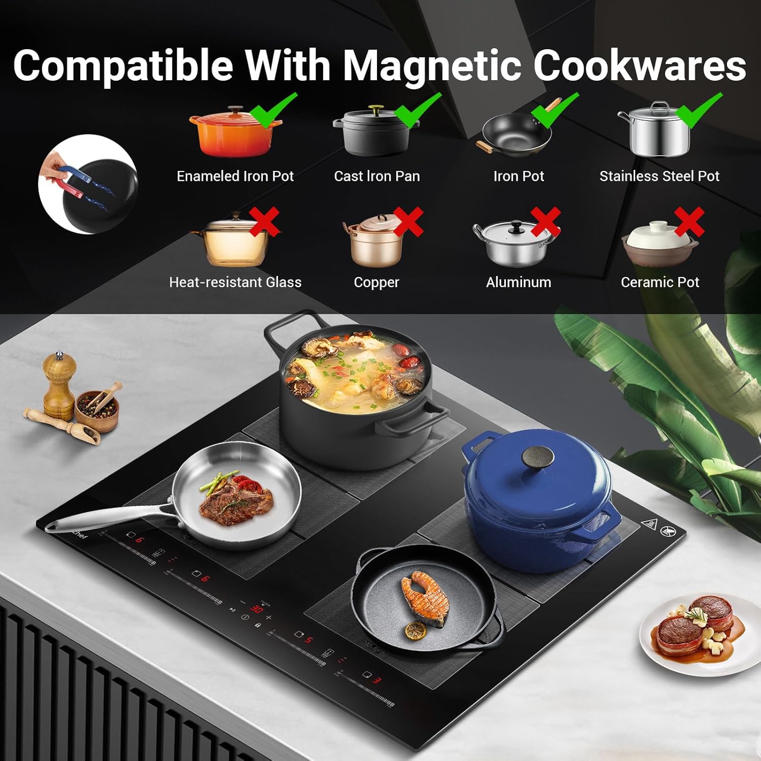 AMZCHEF Piano cottura a induzione con due zone flessibili, piano cottura a induzione a 4 zone con funzionamento silenzioso (42 dB), 9 livelli di potenza e Booster - Funzione BBQ, funzione Pausa e Mantieni caldo, 7400 W