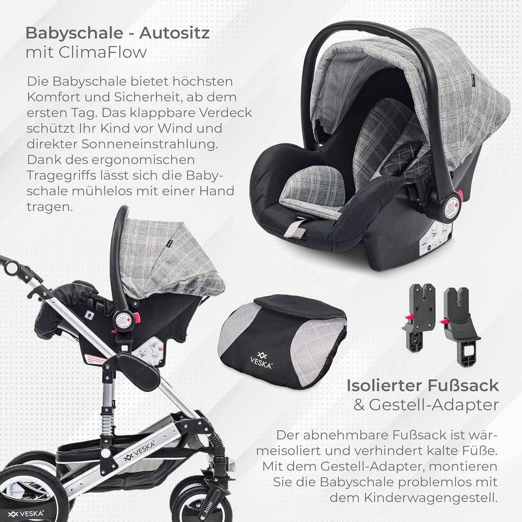 3 in 1 Kombi-Kinderwagen inkl. Babyschale, Buggy, Jogger mit Wickeltasche, Moskitonetz, Regencover, Spieltisch, Autoschale Fußsack, QuickFold, Aluminiumrahmen (Silber - anthrazit/grau)
