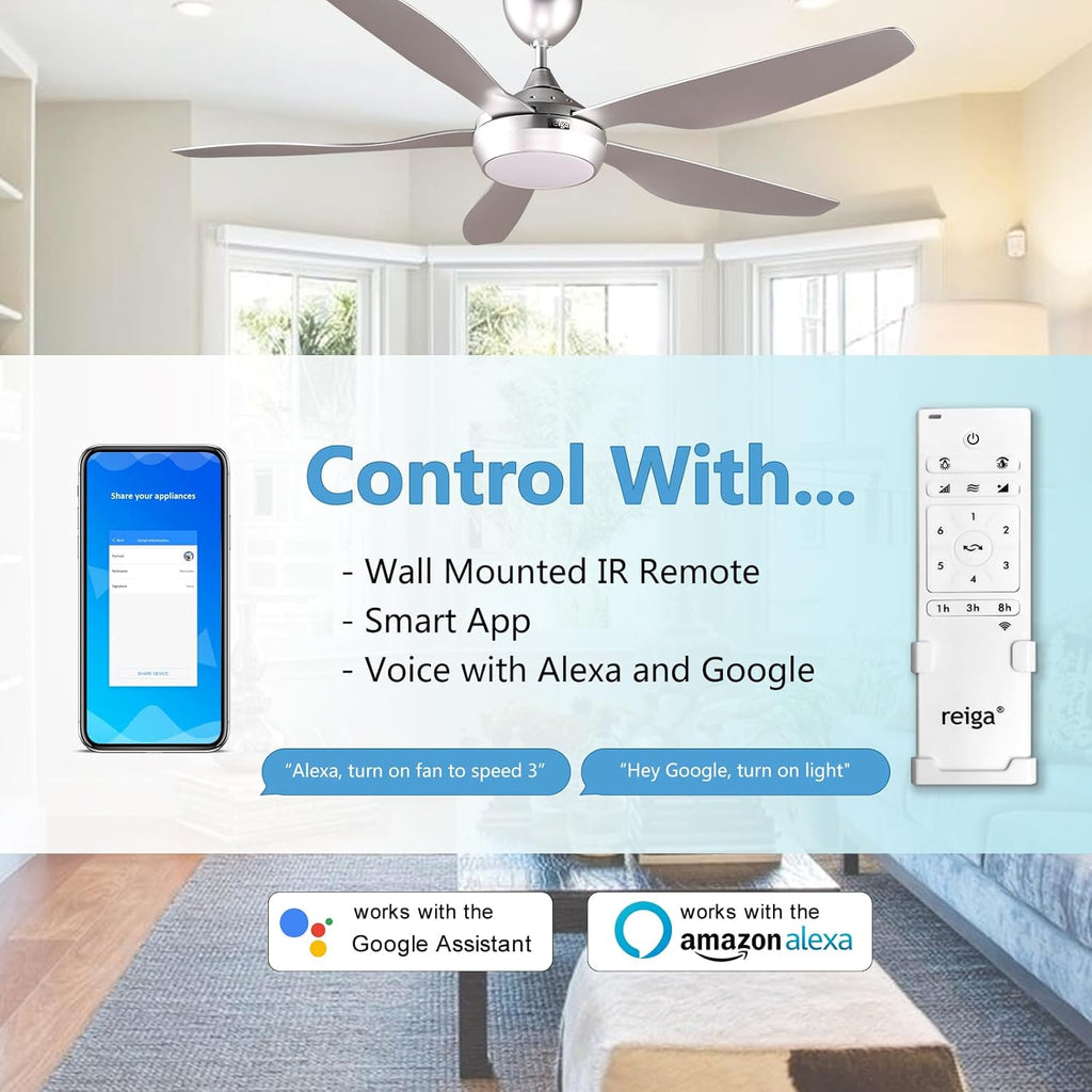 reiga Ventilatore da soffitto WiFi 132 CM con illuminazione a LED dimmerabile e telecomando, 3 temperature di colore, motore DC 6 velocità, compatibile con l'App Alexa Google Home, legno e marrone