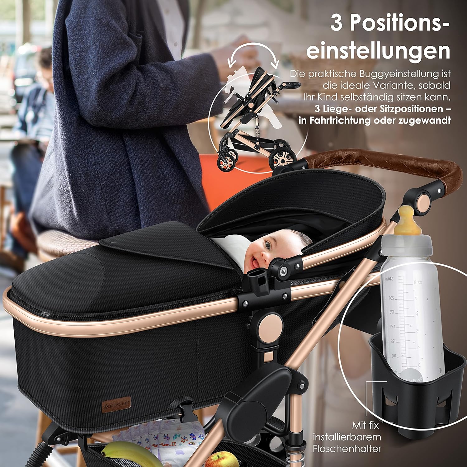 KESSER® Loops Passeggino Trio 3 in 1, Set Completo con Navicella, Seduta Passeggino e Seggiolino Auto Ovetto, Ruote in Gomma Piena, Borsa Fasciatoio, Parapioggia, Tavolino, ECE R129, Nero/Champagne