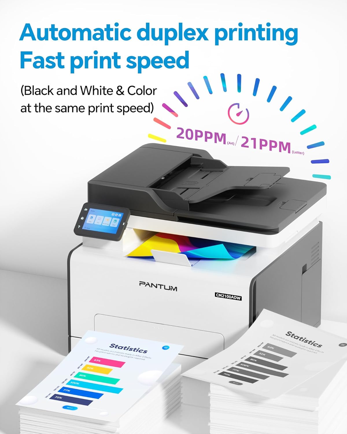 PANTUM CM2100ADW Stampante Laser, Stampante Multifunzione a Colori per Stampa, Copia e Scansione con ADF, Stampa Fronte/Retro Automatica, Wi-Fi NET USB, 20 ppm, per Casa e Ufficio