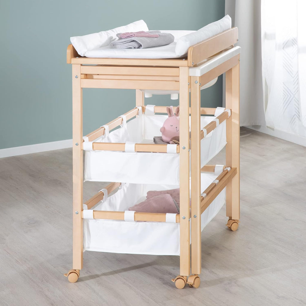 roba Fasciatoio da Bagno Combinato + Materassino Fasciatoio Style grigio - Fasciatoio Mobile Combinato con Vasca Integrata - con piano fasciatoio estraibile - Legno bianco
