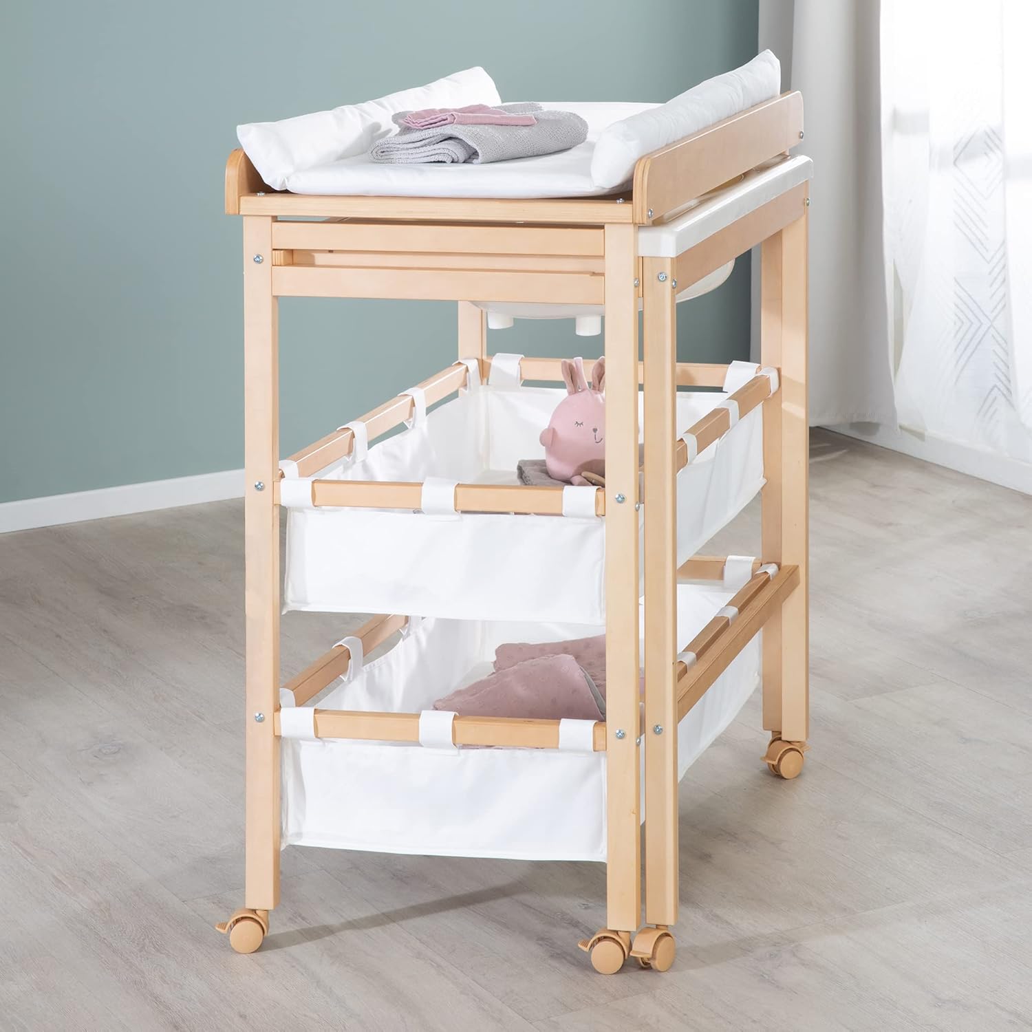 roba Fasciatoio da Bagno Combinato + Materassino Fasciatoio Style grigio - Fasciatoio Mobile Combinato con Vasca Integrata - con piano fasciatoio estraibile - Legno bianco
