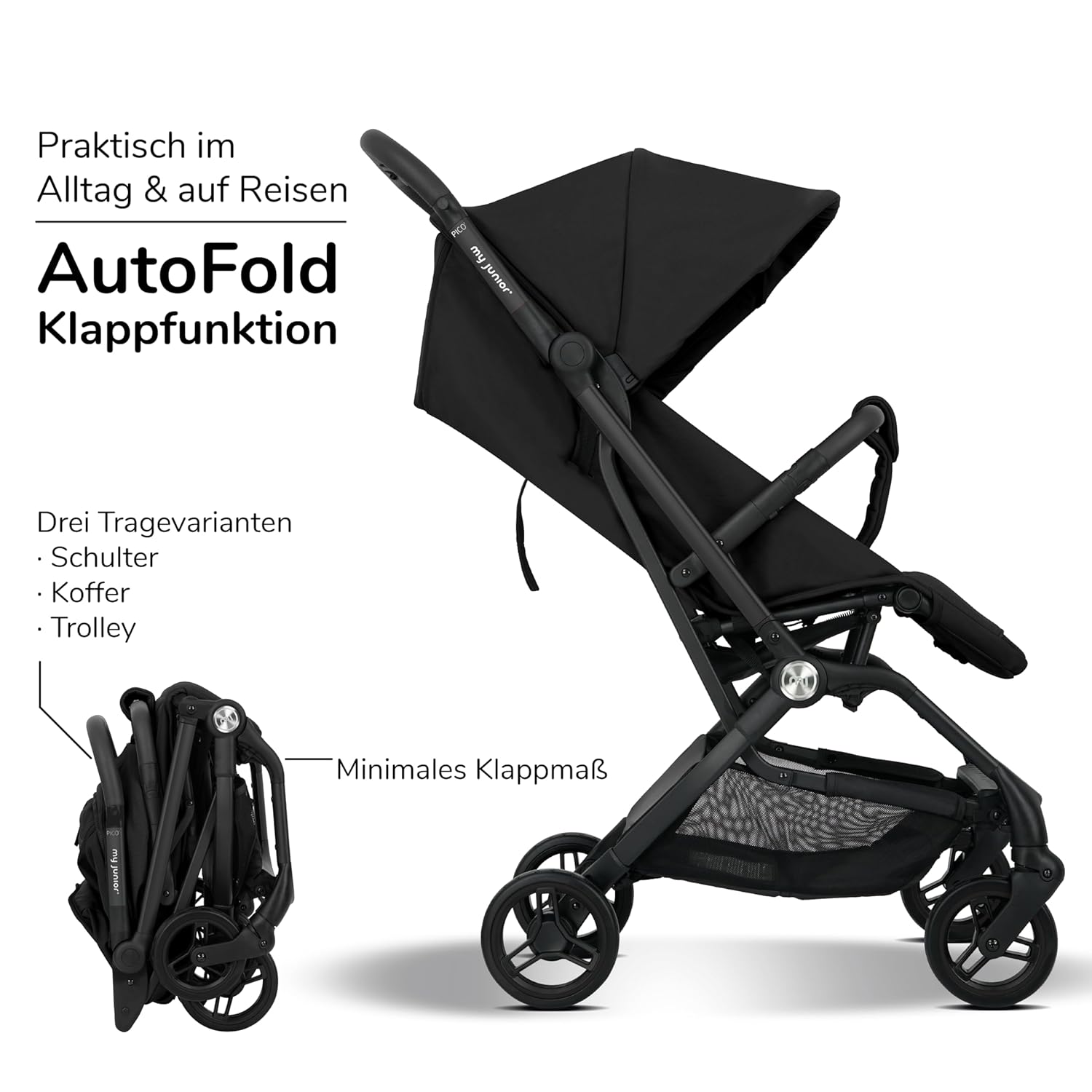 my junior® Buggy PICO³ | bis 22kg | Einhand AutoFold-Klappmechanismus | Ergonomische Liegeposition nach IGR e.V. | großes Sonnenverdeck UV50+ | Handgepäckmaß | 2 Belüftungsfenster Hazel - Black