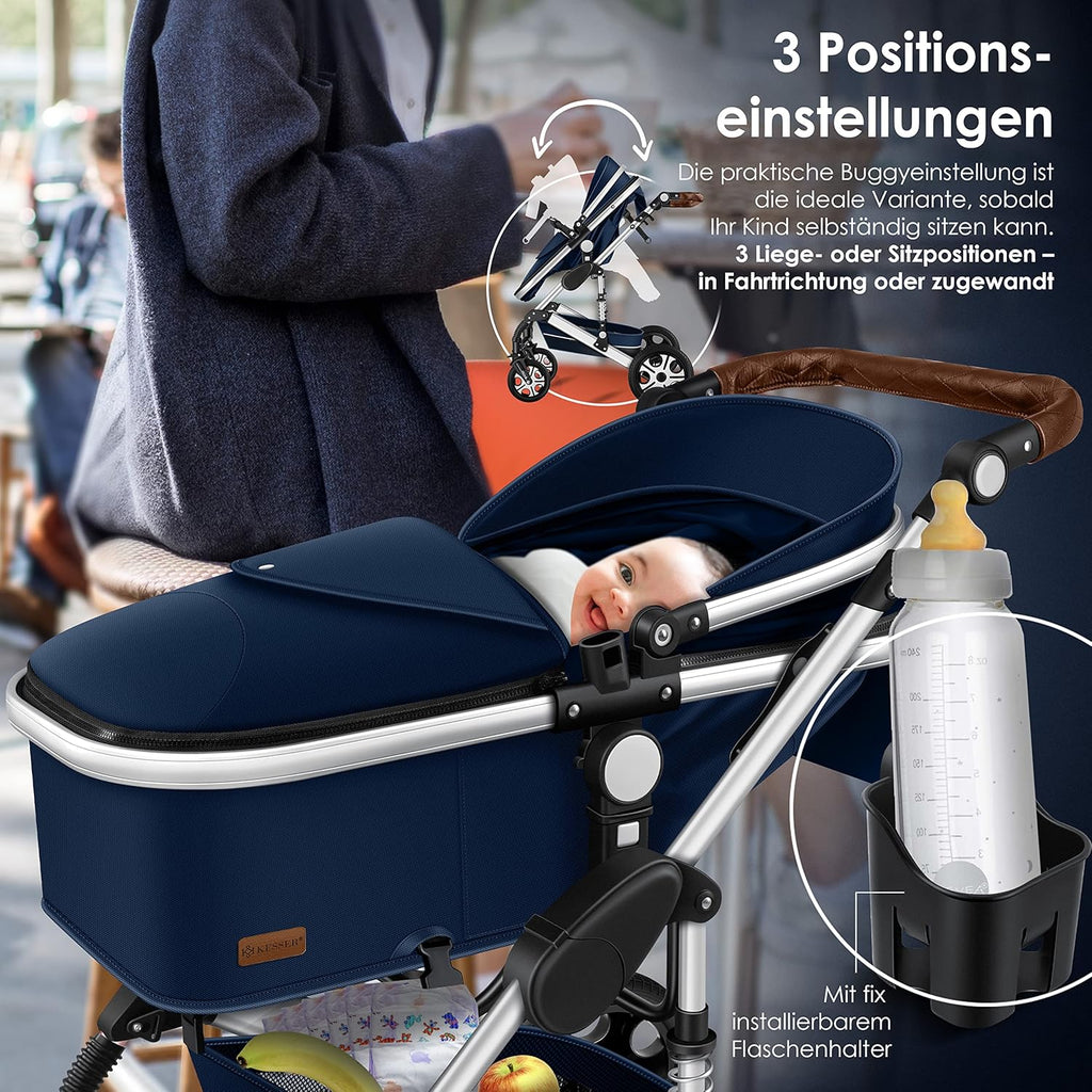 KESSER Passeggino trio Loops 3 in 1, set completo con navicella, seduta sportiva e seggiolino auto con pneumatici in gomma piena, borsa fasciatoio, parapioggia, tavolino, ECE R129, nero/champagne