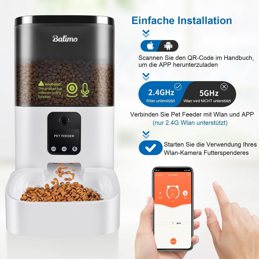 Balimo Futterautomat Katze mit HD 1080P Video, 2,4 G WLAN Katzenfutter Automat mit APP Steuerung und Nachtsicht, 4L futterspender Katze, Katzen Futterautomaten mit Edelstahlnapf, 8 Mahlzeiten pro Tag