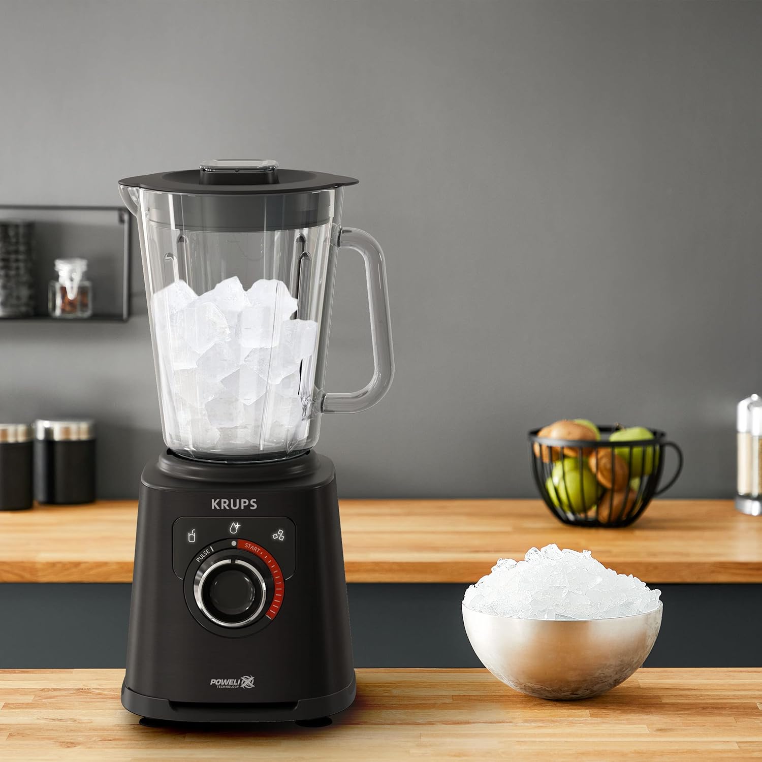 Krups KB403D Perfectmix + Hochleistungsstandmixer, 1.200W, 28.000 UpM, 2L Glasbehälter, 3 voreingestellte Programme, Powelix- Technologie, Edelstahl/Dunkelgrau