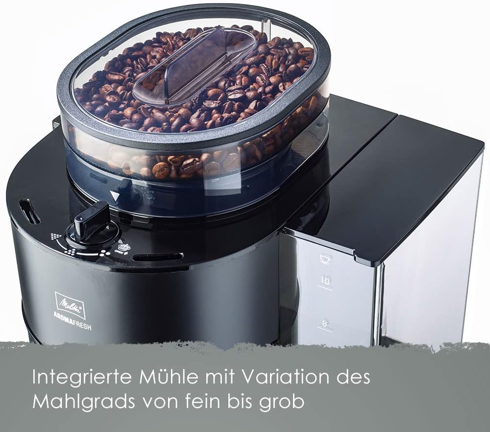 Melitta AromaFresh - Macchina da caffè con filtro - con caraffa in vetro - macinacaffè integrato - funzione timer - 10 tazze - Pure Black