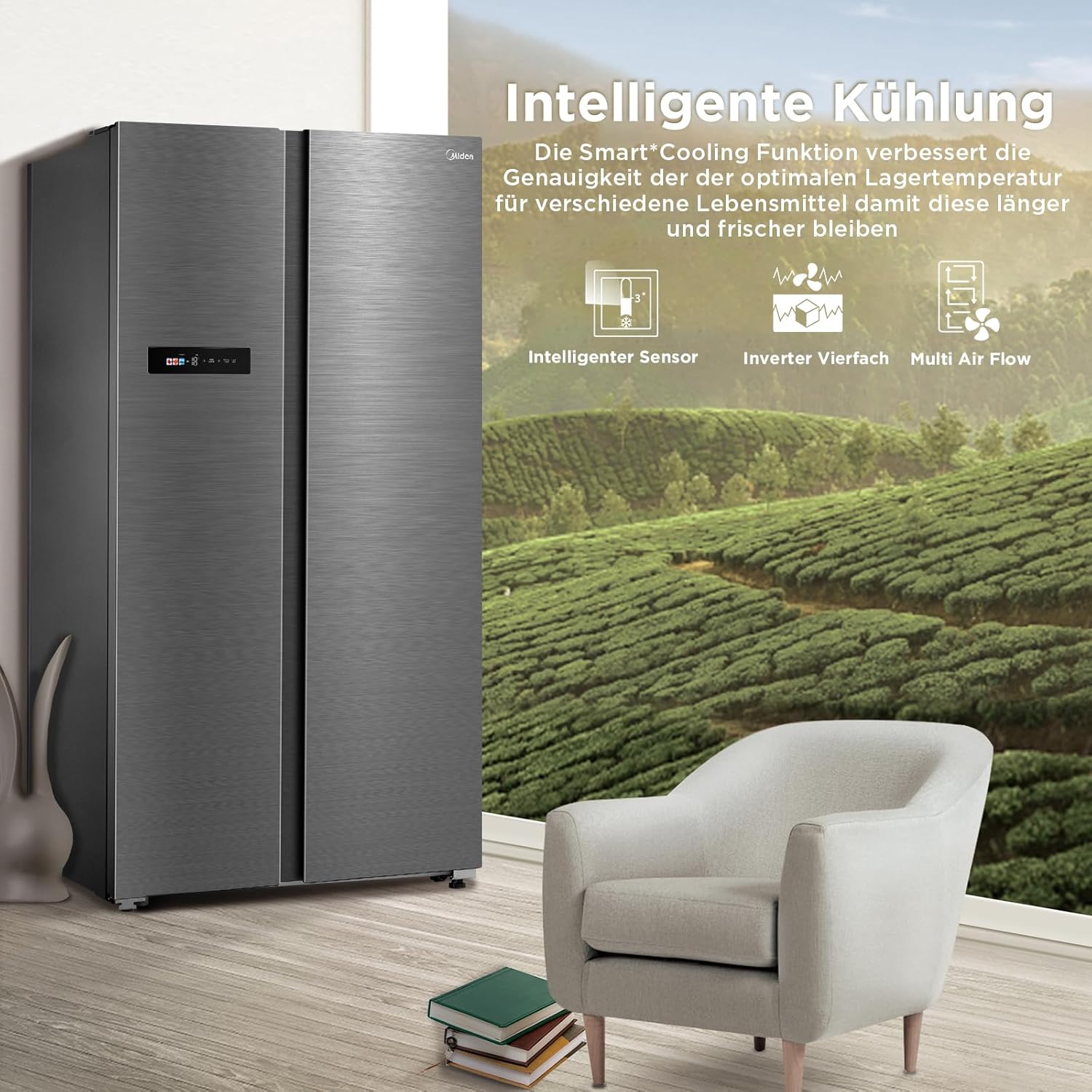 Midea KS-DDX 6.32 WT Frigorifero Side-by-Side con Congelatore/Altezza 178,8 cm/254 kWh/anno/No Frost/Compressore Dual Inverter/con Distributore di Acqua e Ghiaccio 3-in-1 e Serbatoio d'Acqua, Inox Scuro