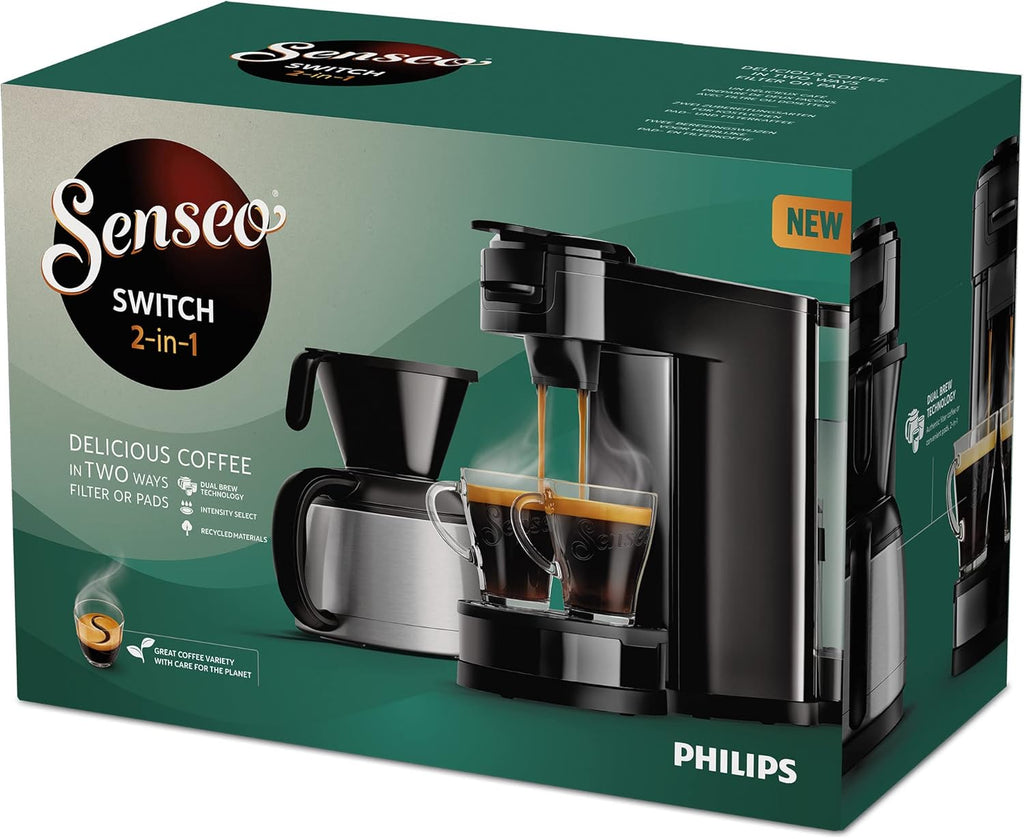 Philips Senseo Switch Macchina da caffè con cialde e filtro, Tecnologia di erogazione 2 in 1, Serbatoio dell'acqua da 1 litro, 7 tazze in un solo ciclo, Nero lucido (HD6592/64)