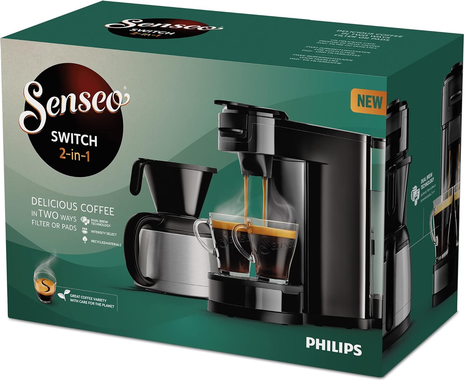 Philips Senseo Switch Macchina da caffè con cialde e filtro, Tecnologia di erogazione 2 in 1, Serbatoio dell'acqua da 1 litro, 7 tazze in un solo ciclo, Nero lucido (HD6592/64)