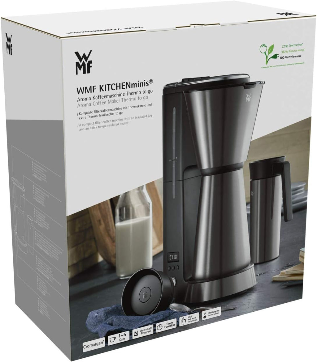 WMF Küchenminis Macchina da caffè con filtro Aroma, piccola, con caraffa termica, 870 Watt, tazza termica da asporto, macchina da caffè singola piccola con timer, cromargan opaco