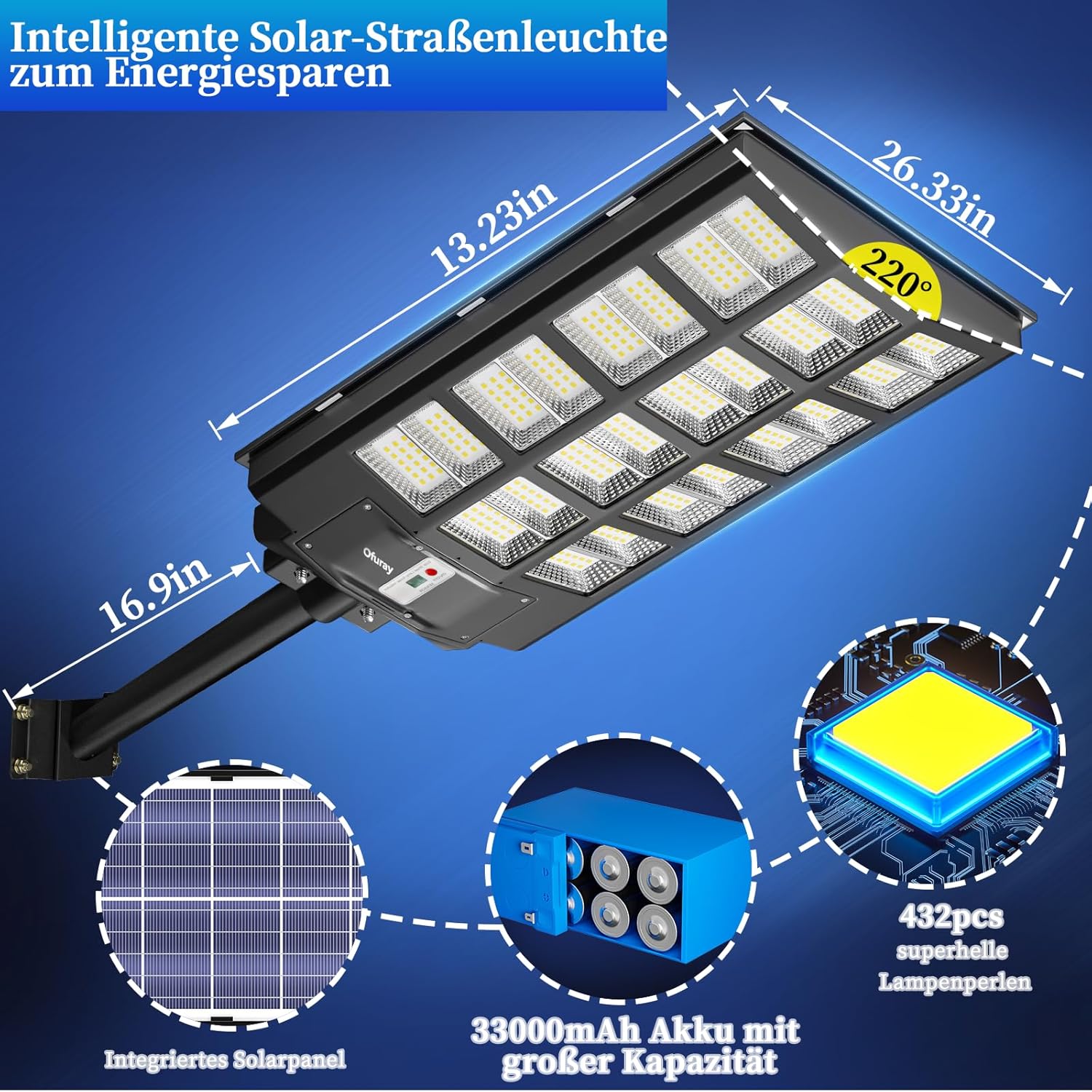 Ofuray 2000W Solar Straßenlaterne für Außen, 200000LM Solarlampen für Außen mit Bewegungsmelder, 6500K Solarleuchten Dämmerung bis zum Morgengrauen, IP67 Wasserdichte wegeleuchte für Parkplatz, Hof