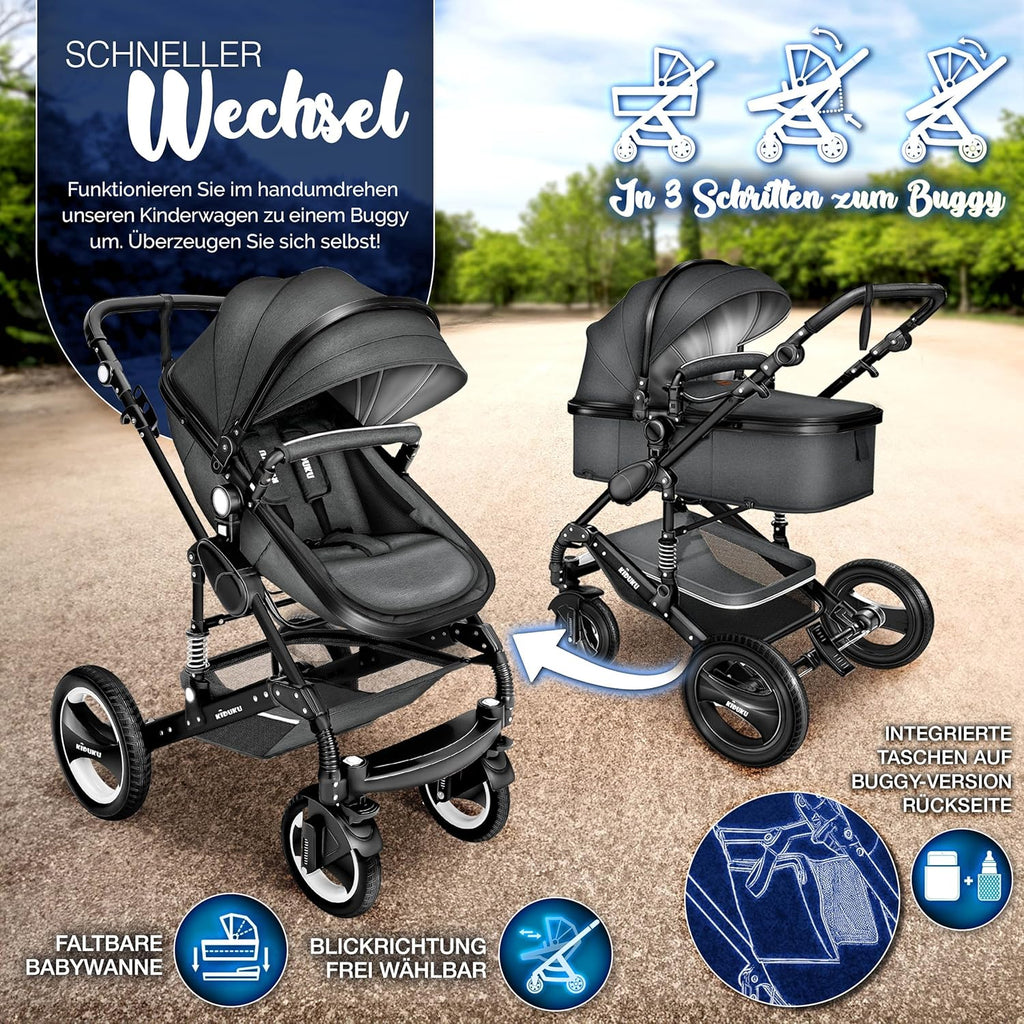KIDUKU® Set completo passeggino 3 in 1 | Set passeggino combinato con navicella e sedile sportivo passeggino e seggiolino auto ovetto sacco a pelo | Ruote in gomma piena borsa per il cambio scaldamani parapioggia tavolino ECE R129