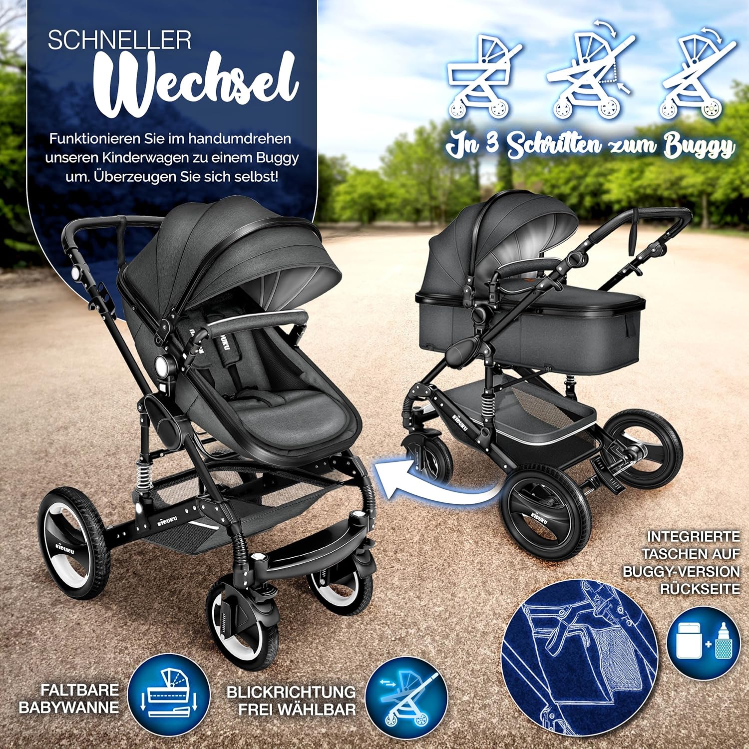 KIDUKU® Set completo passeggino 3 in 1 | Set passeggino combinato con navicella e sedile sportivo passeggino e seggiolino auto ovetto sacco a pelo | Ruote in gomma piena borsa per il cambio scaldamani parapioggia tavolino ECE R129
