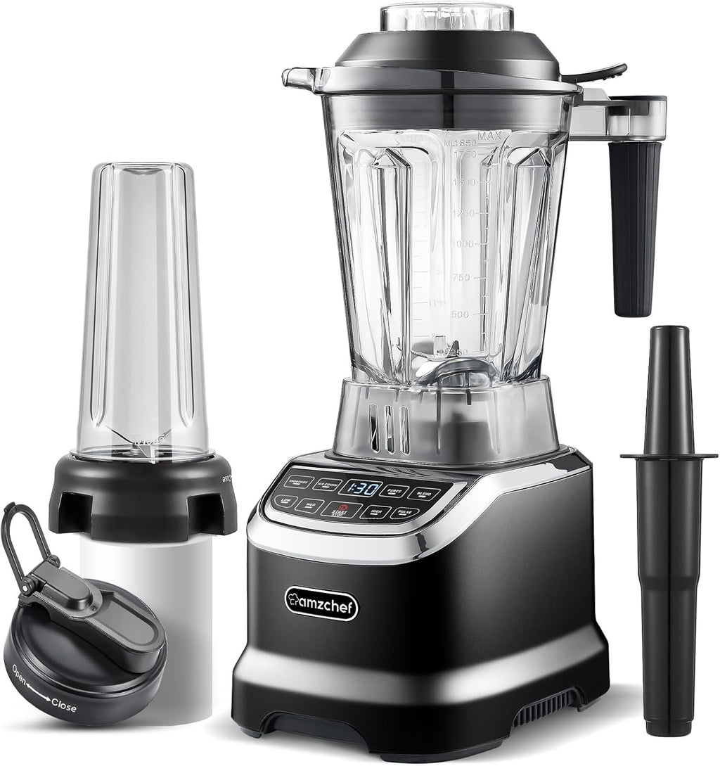 AMZCHEF Frullatore Professionale 2 IN1 con Contenitori da 1850 ml e 600 ml per Due Modalità di Frullatura | Frullatore da Tavolo 2000 Watt con 6 Lame Professionali e 22000 Giri/Min - Grigio Opaco