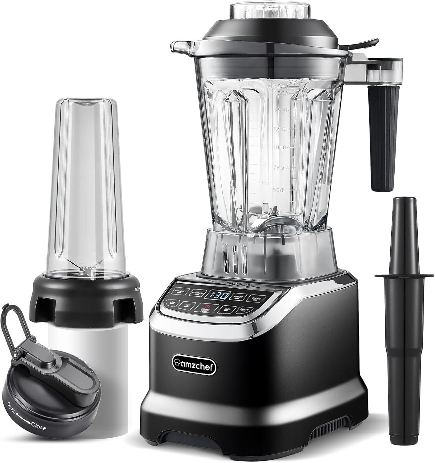 AMZCHEF Frullatore Professionale 2 IN1 con Contenitori da 1850 ml e 600 ml per Due Modalità di Frullatura | Frullatore da Tavolo 2000 Watt con 6 Lame Professionali e 22000 Giri/Min - Grigio Opaco