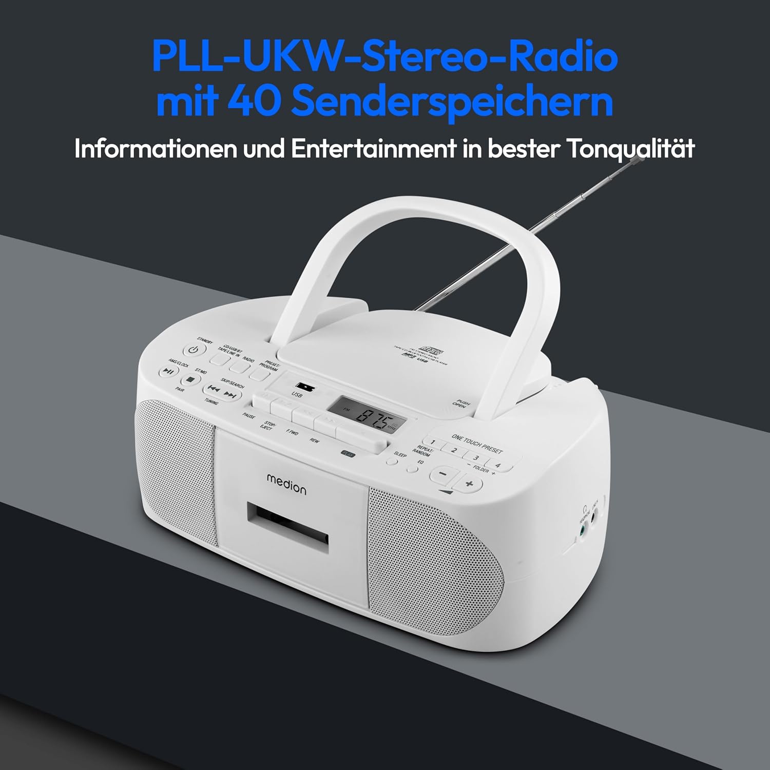 MEDION E65010 Radioregistratore stereo (lettore CD, cassetta, porta USB, ingresso audio AUX, riproduzione MP3, radio PLL FM, 40 stazioni memorizzabili, funzionamento a batteria, telecomando) bianco