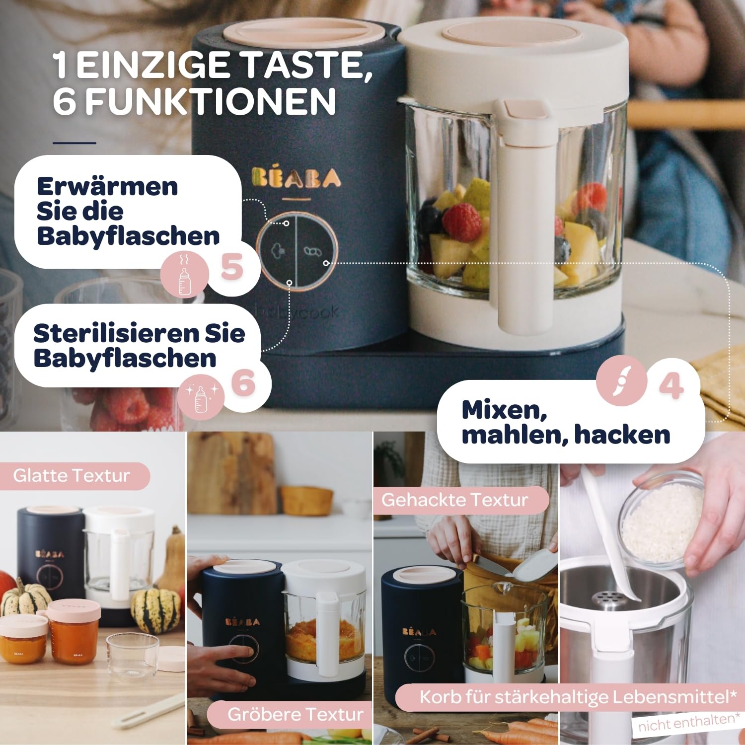 Béaba - Babycook Neo - 6 in 1 Babynahrungszubereiter - Schonender Dampfgarer - Glaskrug und Garkorb aus Edelstahl - Mineralgrau