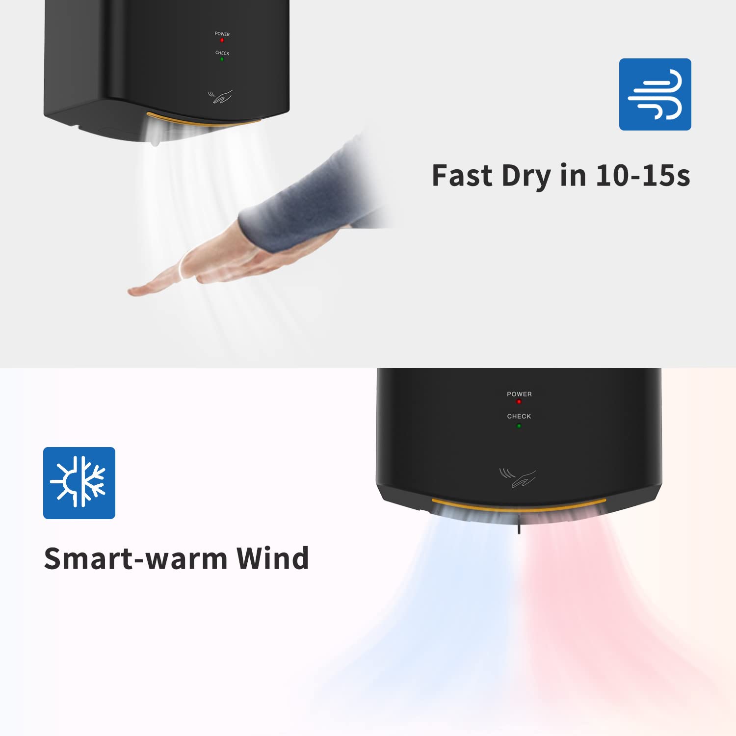 AIKE Hndetrockner 10 Sekunden Trocknen Energiesparend Kommerziell Elektrischer Hndetrockner Automatisch für Küche Badezimmer Toilette AK2630S 220V 1400W Silber