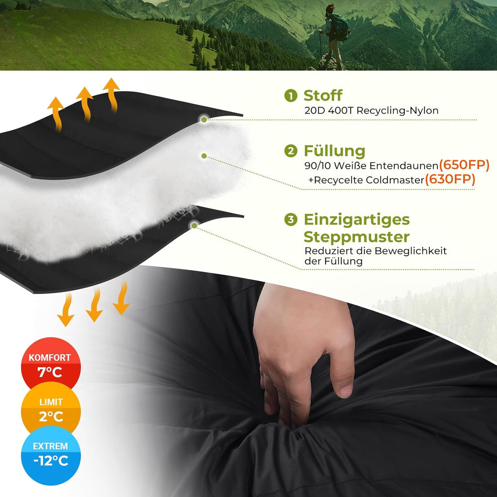 ATEPA Daunenschlafsack Winter Outdoor,Daunenschlafsack, Übergröße Ultraleichter, 3 Jahreszeiten Warm, XXL Leichtgewicht, großartiger Komfort, Ideal für Rucksacktouren Erwachsene Camping, Wandern