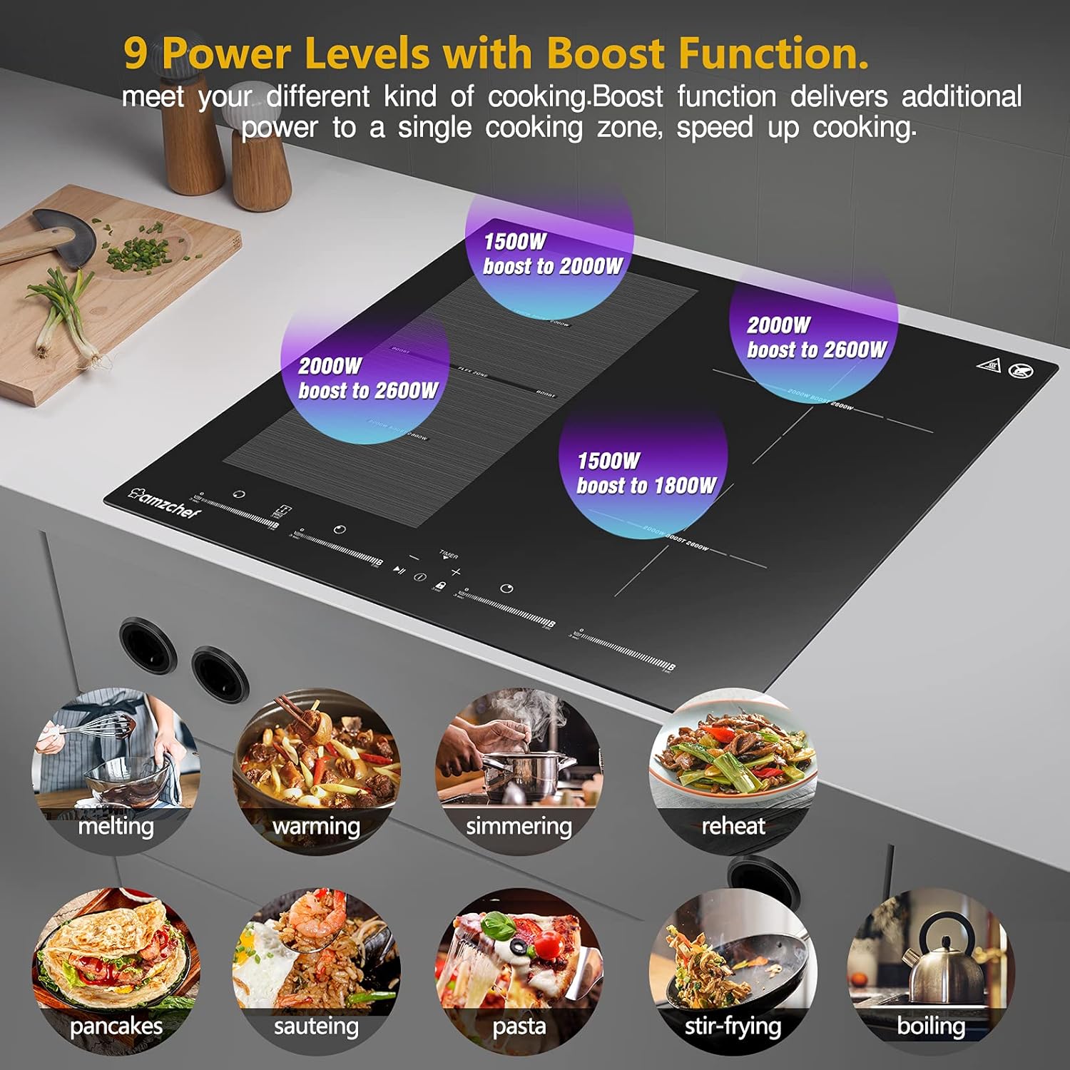 AMZCHEF Piano cottura a induzione con due zone flessibili, piano cottura a induzione a 4 zone con funzionamento silenzioso (42 dB), 9 livelli di potenza e Booster - Funzione BBQ, funzione Pausa e Mantieni caldo, 7400 W