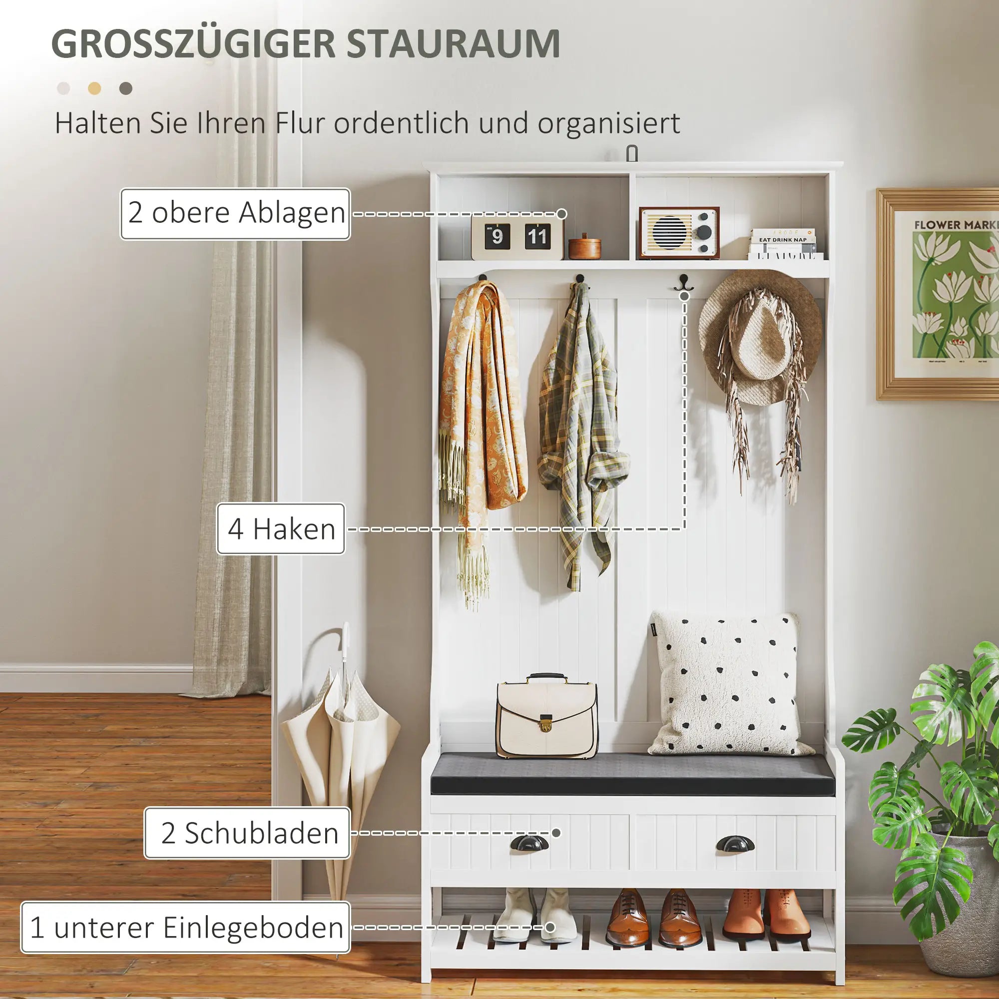HOMCOM Attaccapanni con Scarpiera Design Tutto in Uno Bianco
