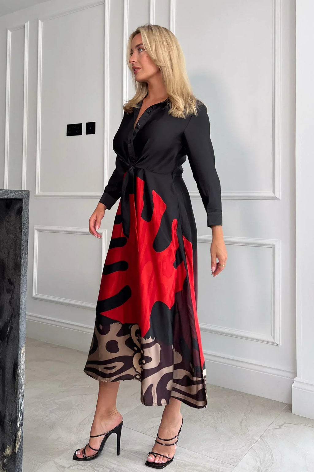 Norah - Red Leaf Tie Front Hemdkleid