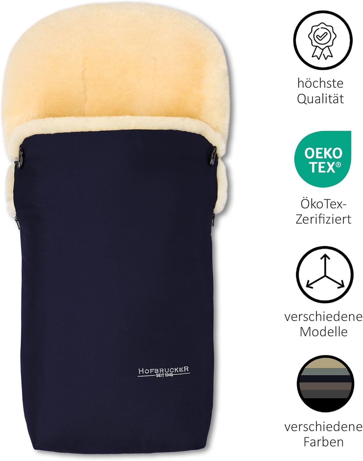 Sacco coprigambe in pelle di agnello Hofbrucker "Putzi" per passeggino, carrozzina/sacco coprigambe invernale antivento e idrorepellente/sacco coprigambe caldo con parte superiore rimovibile/vera pelle di agnello/Made in Germany