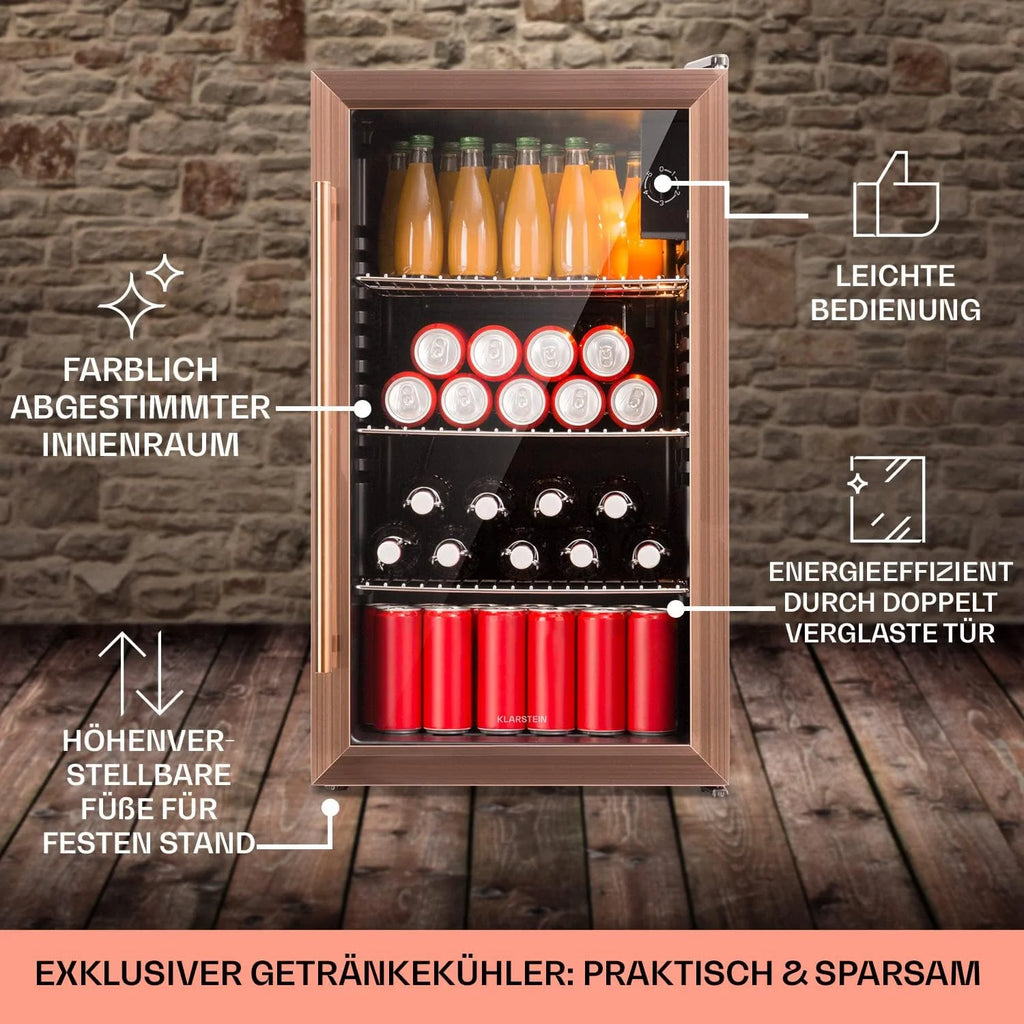 Klarstein Mini Kühlschrank mit Glastür für Zimmer, Getrnkekühlschrank mit Verstellbaren Ablagen, Kleiner 80 Liter, Indoor/Outdoor Kühlschrank Leise