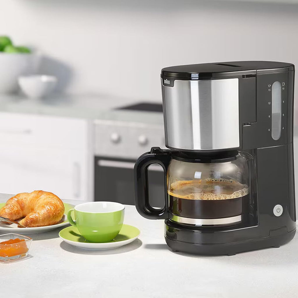 Braun PurShine KF1505 BK Filterkaffeemaschine, 1,2L Edelstahl-Thermokanne für bis zu 9 Tassen, OptiBrew-System, Tropf-Stopp-Funktion, schwenkbarer Filterkorb, Automatische Abschaltung, 1000W, Schwarz