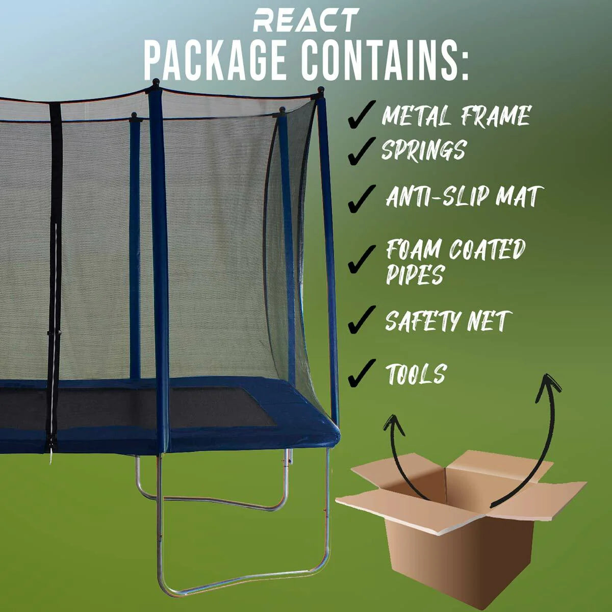 Trampolino rettangolare React 163x216cm con rete di sicurezza