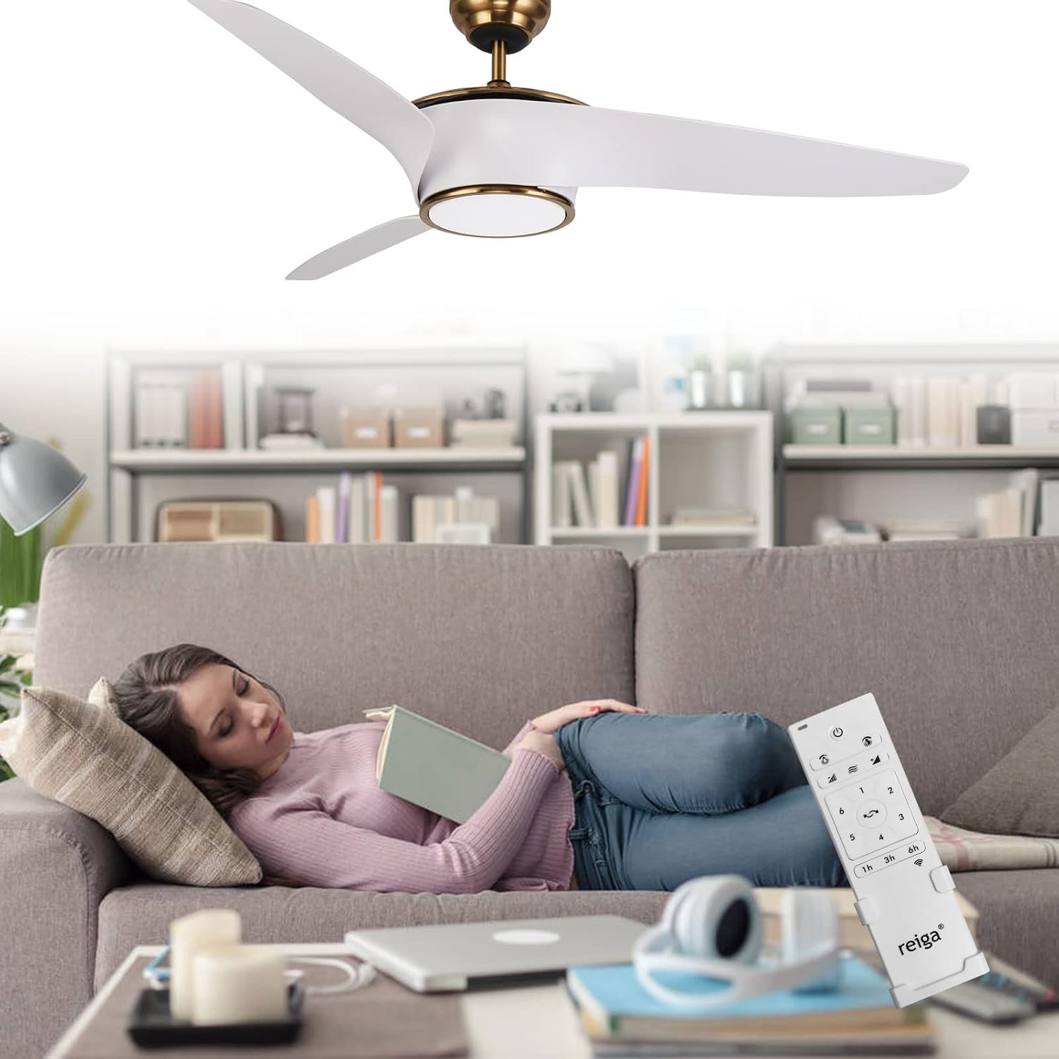 reiga Ventilatore da soffitto WiFi 132 CM con illuminazione a LED dimmerabile e telecomando, 3 temperature di colore, motore DC 6 velocità, compatibile con l'App Alexa Google Home, legno e marrone