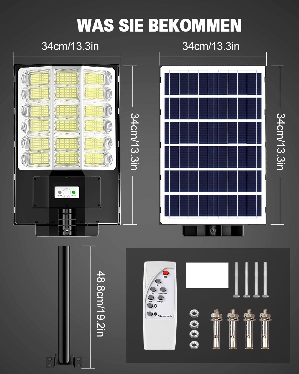 Sararoom 600W Straßenlaterne Solar Wegeleuchte, 594LEDs Solarlampe mit Bewegungsmelder, 6500K Wandleuchten mit Fernbedienung - IP65 Straßenlampe Außen Sicherheitsleuchte für Garten Garage Hof,4Pack