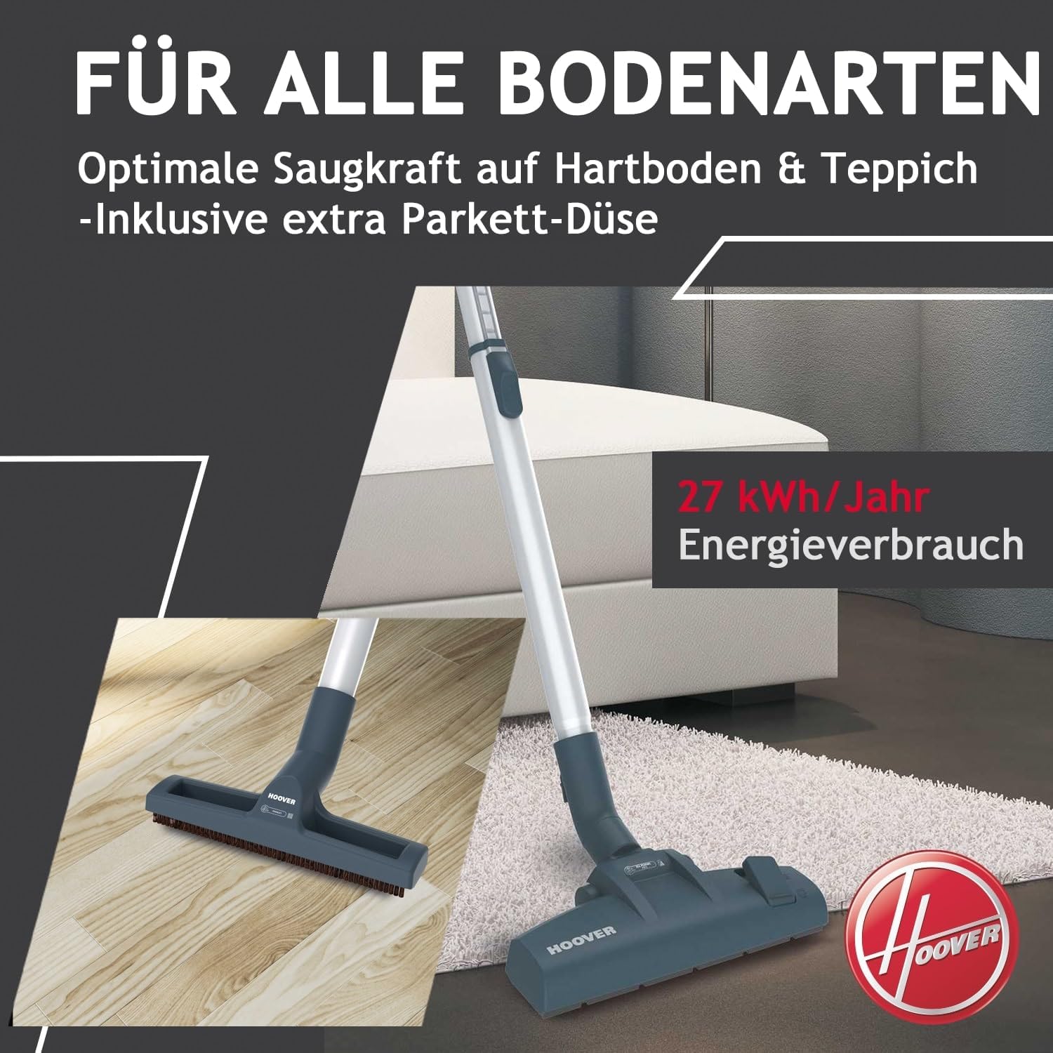 Hoover Aspirapolvere per Peli di Animali Domestici BREEZE PET con Bocchetta per Animali Domestici I Aspirapolvere senza sacco per peli di cane e gatto I Con asta regolabile, filtro EPA, cavo da 5 m con avvolgimento automatico e impugnatura