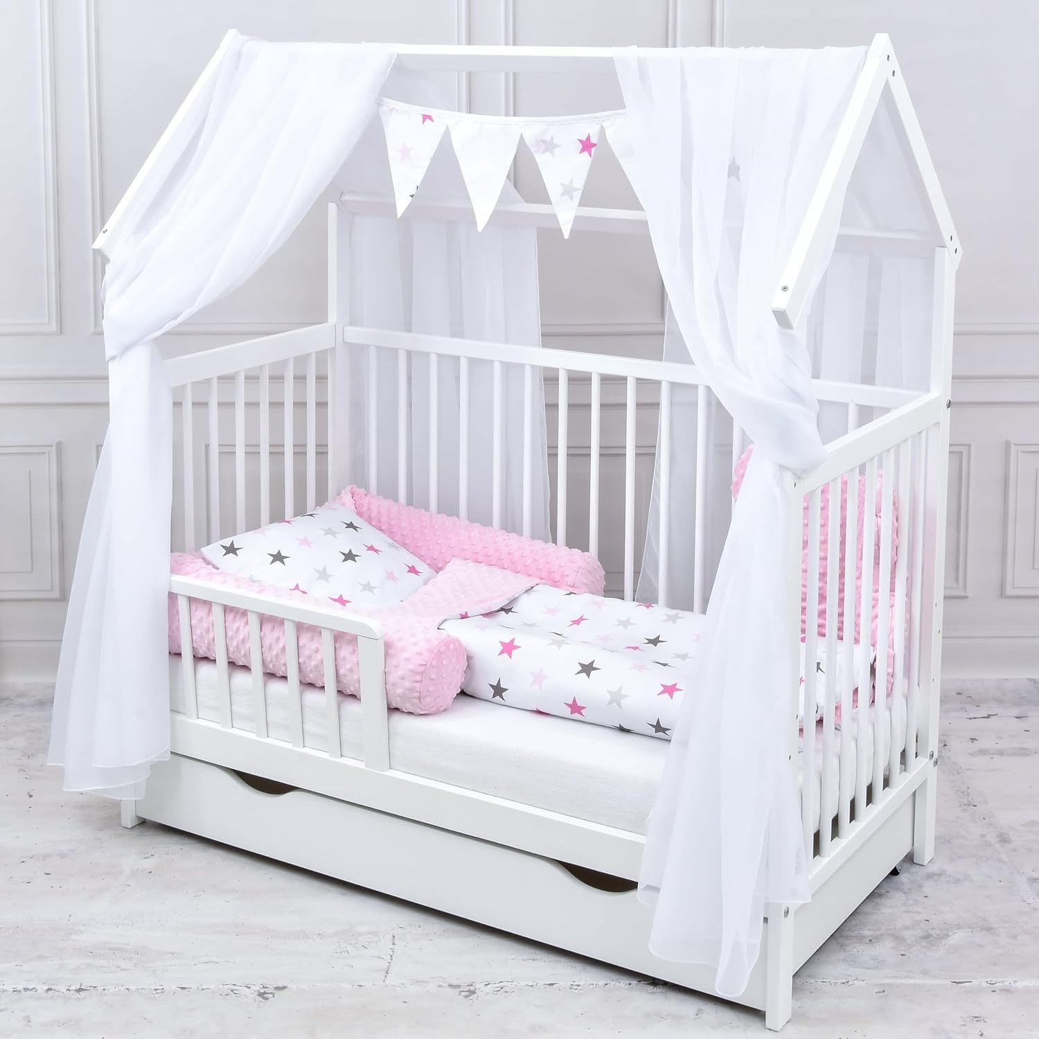 Baby Delux Lettino per Bambini Set Completo Casetta 60x120 cm Bianco con Cassetto Sponda Paracolpi Materasso Biancheria da Letto Set Decorativo (Stelle del Principe)