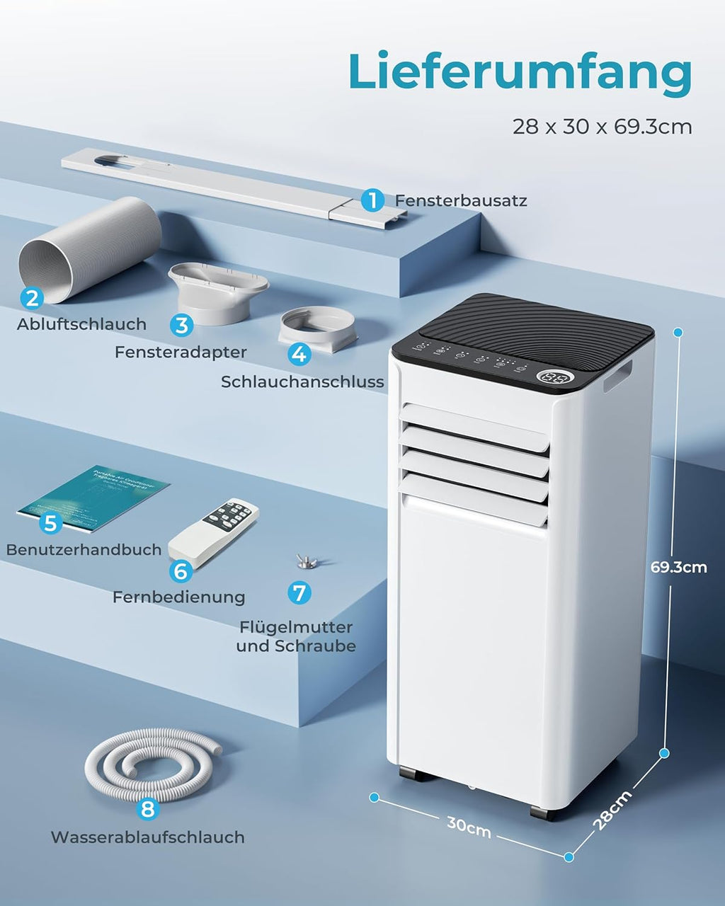 Condizionatore Portatile 9000 BTU con Tubo di Scarico | Climatizzatore Mobile 4-in-1 | Funzionamento Silenzioso