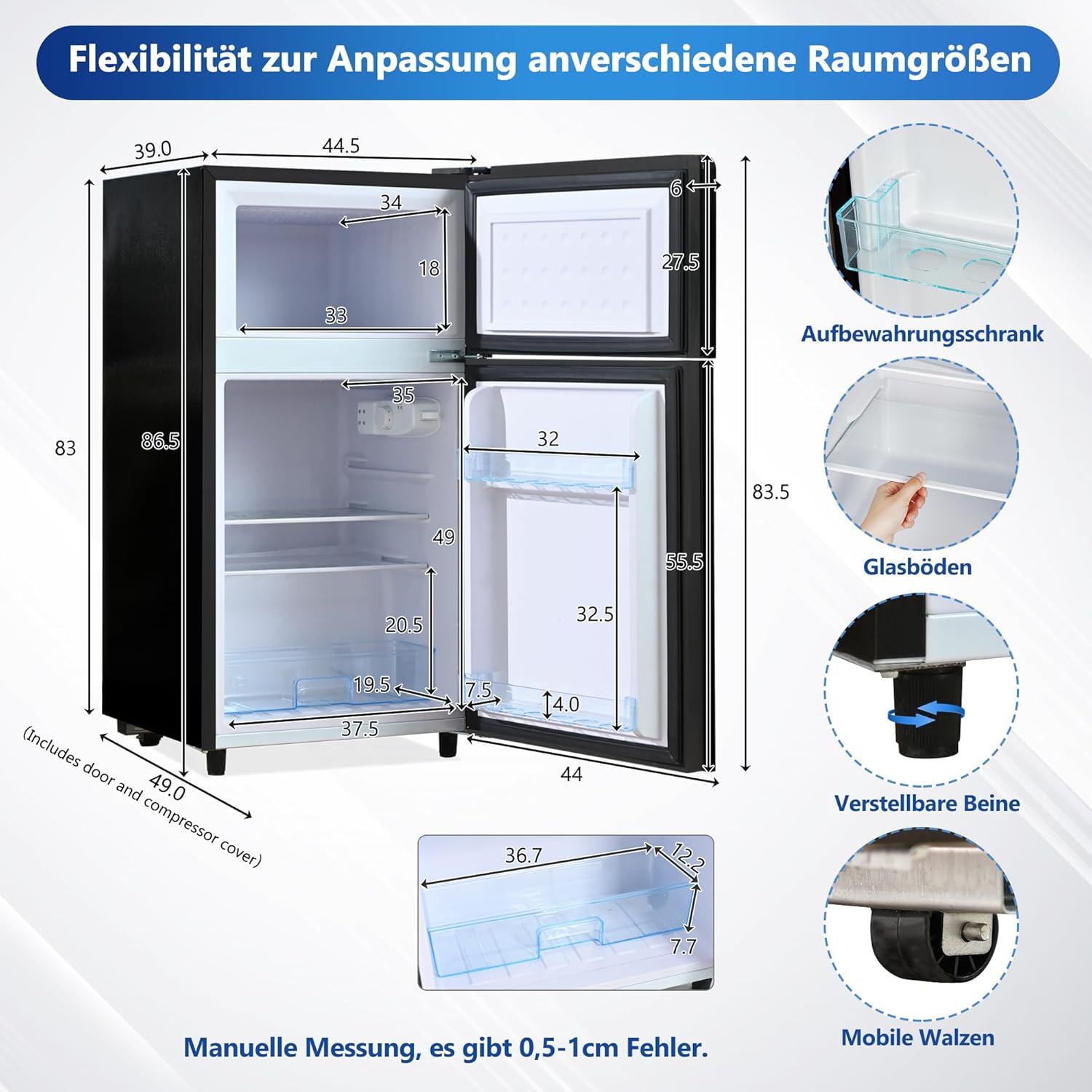 Merax Frigorifero con Congelatore, Frigorifero Combinato, Piccolo Frigorifero con 51L e Congelatore 21L, Silenzioso, LED, Ripiani in Vetro, Cassetto Verdura, Balconcini, per Cucina, Soggiorno, Ufficio, Nero
