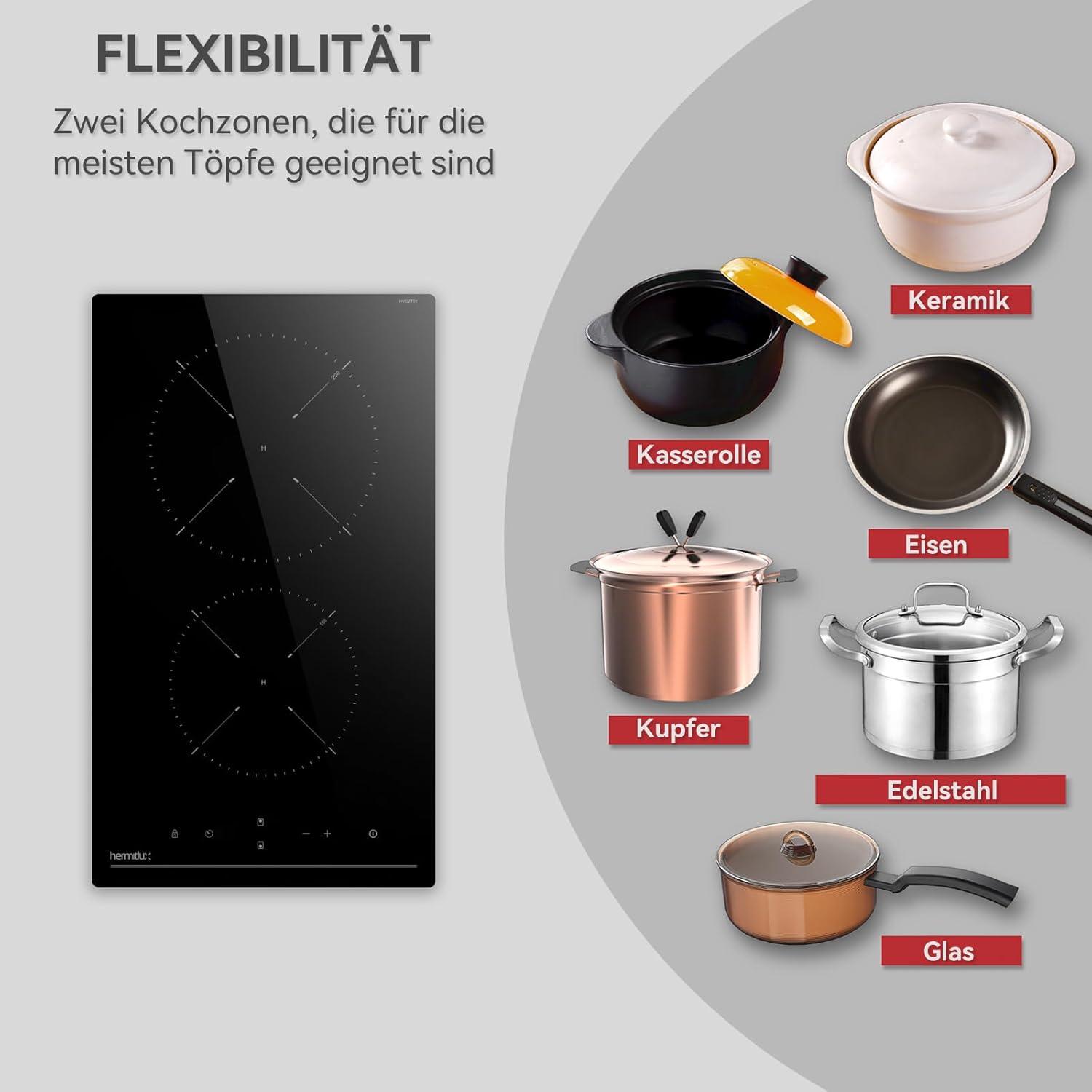 Hermitlux Domino Glaskeramikkochfeld,Eingebaut 29 cm schwarz Glaskeramik elektrisches Kochfeld,9 Leistungsstufen,Sensor-Touch-Steuerung, Kindersicherung, 1-99 Minuten-Timer,Geeignet für Alle Tpfe