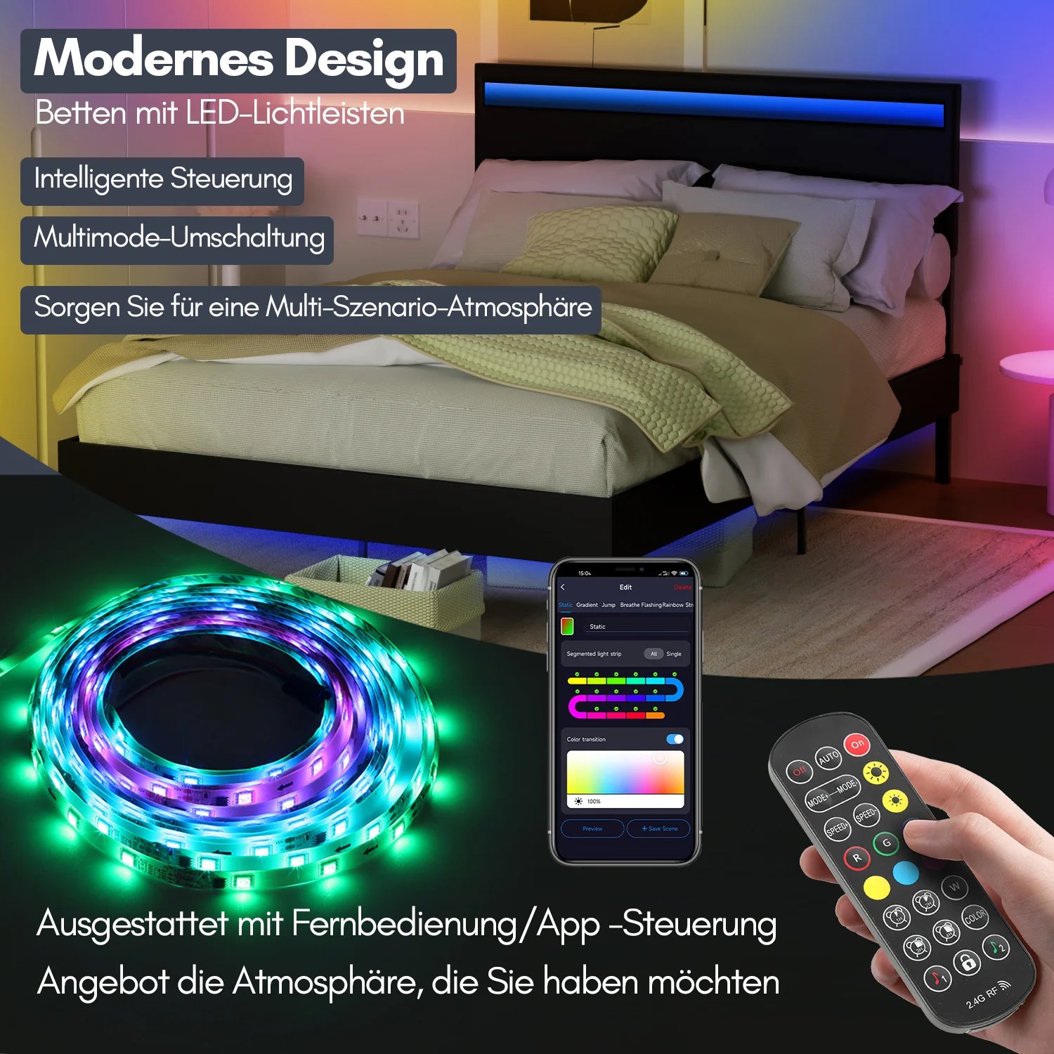 Sonnewelt Polsterbett Bettgestell mit Kopfteil Leder LED-Beleuchtung