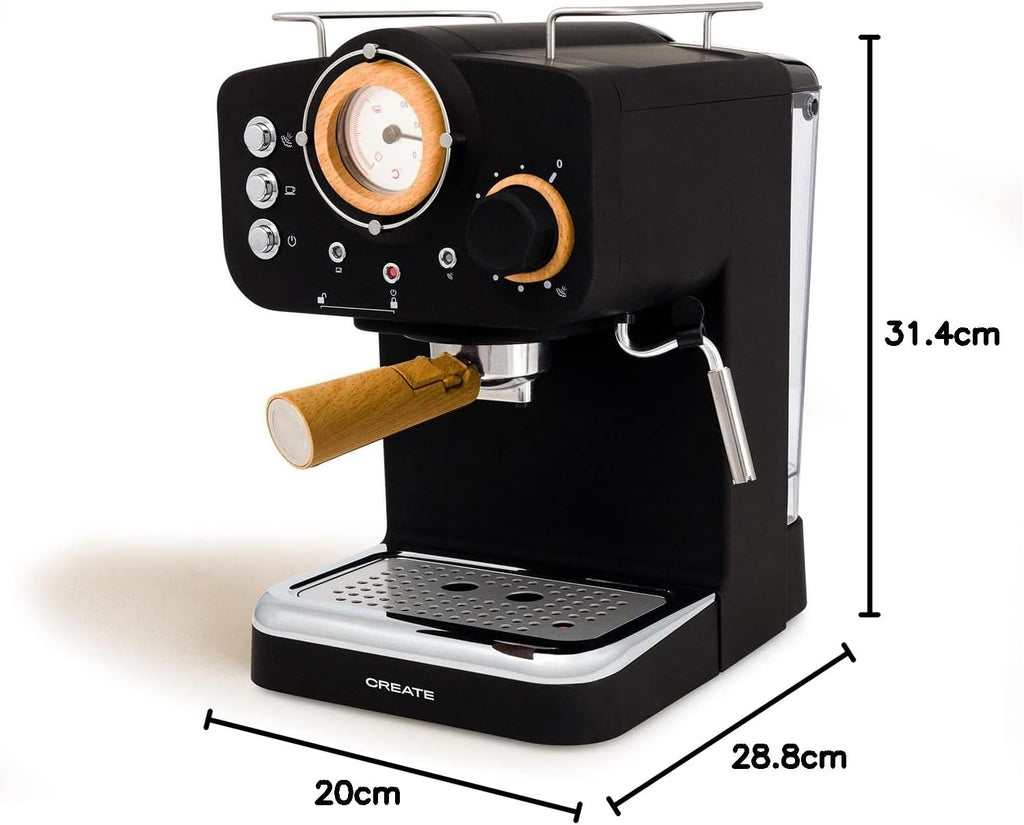 CREATE / THERA RETRO/Macchina da caffè espresso semiautomatica Rosa Pastello Opaco e Legno / Pompa a pressione 20bar, 1100W, Serbatoio acqua 1.25L, per caffè macinato, cialde ESE 55mm, con vaporizzatore, 1100W