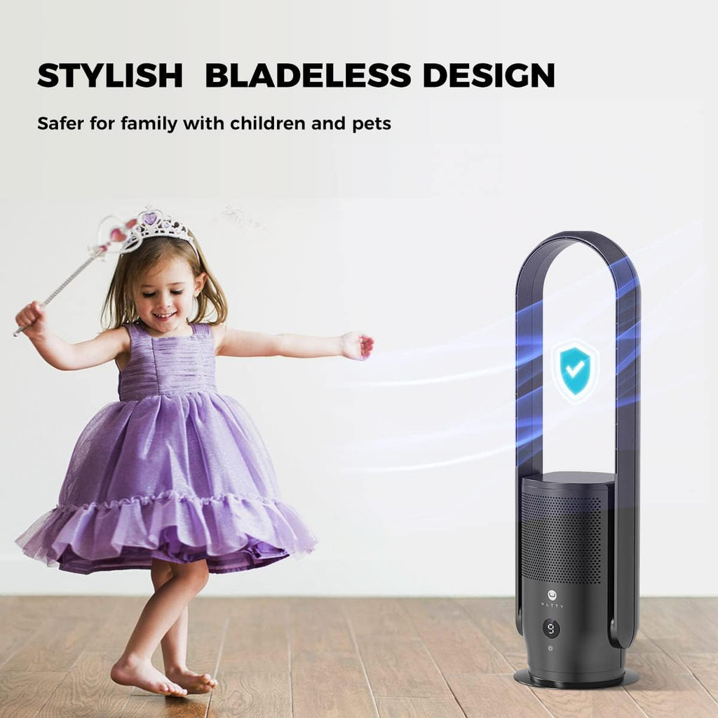 Ventilatore senza pale con purificatore d'aria, ventilatore a torre silenzioso Ultty con telecomando, touch, timer 8H, filtro HEPA 99,97%, ventilatore senza pale oscillante a 90° e alto 80 cm per camera da letto e casa, CR022 Bianco