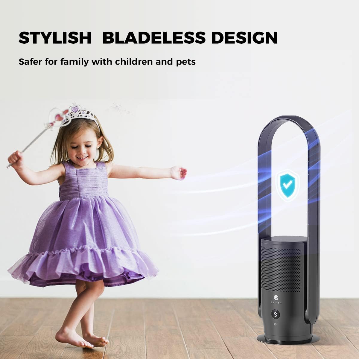 Ventilatore senza pale con purificatore d'aria, ventilatore a torre silenzioso Ultty con telecomando, touch, timer 8H, filtro HEPA 99,97%, ventilatore senza pale oscillante a 90° e alto 80 cm per camera da letto e casa, CR022 Bianco