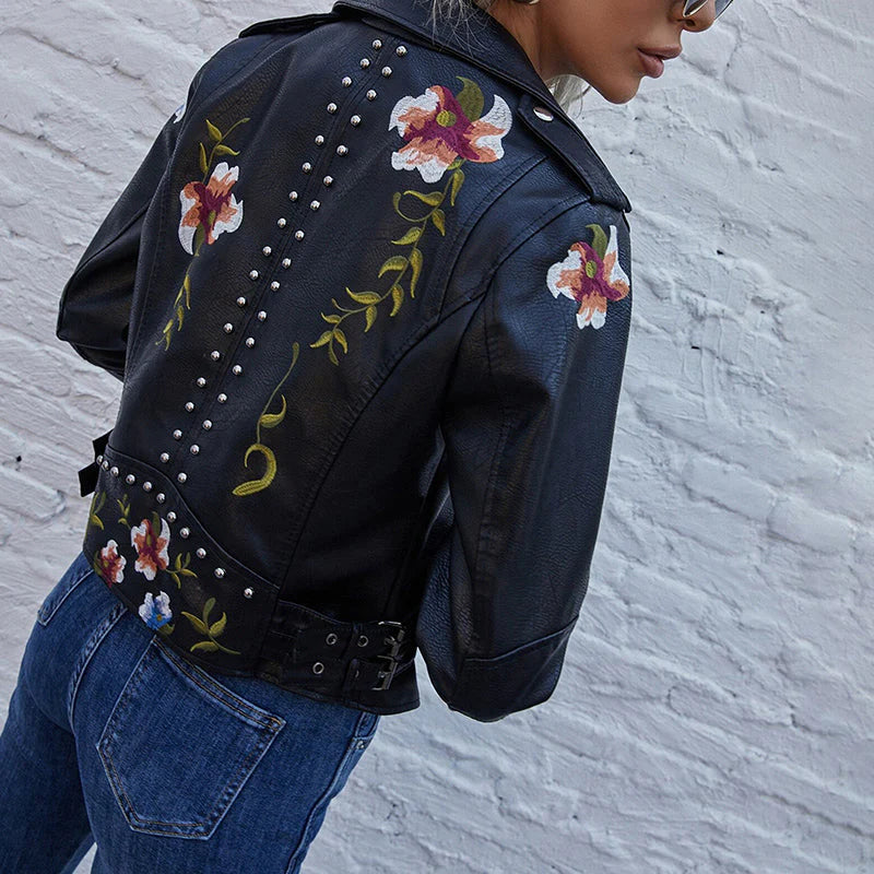 Floral leather jacket with artisanal detailing